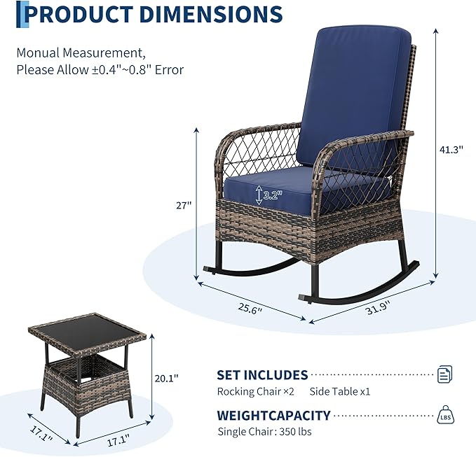 GarveeHome 3-Piece Outdoor Rocking Chair Set, Wicker Rattan Patio Furniture