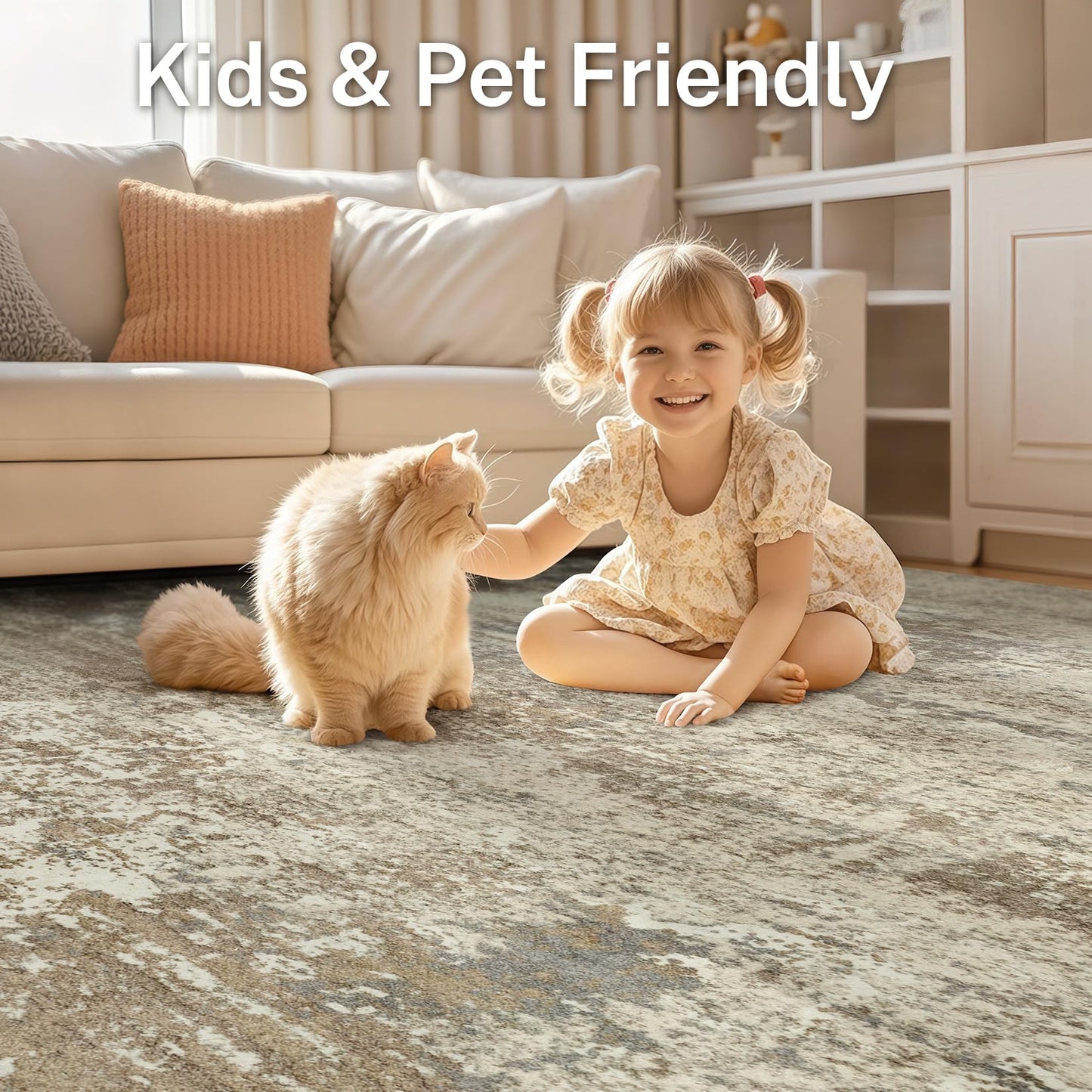 Micgeek Area Rug Living Room - 9X12 Abstract Washable Large Soft Foldable Non Slip Rug Neutral Modern Low Pile Carpet for Bedroom Nursery Dining Room Farmhouse Home Office Indoor - Khaki