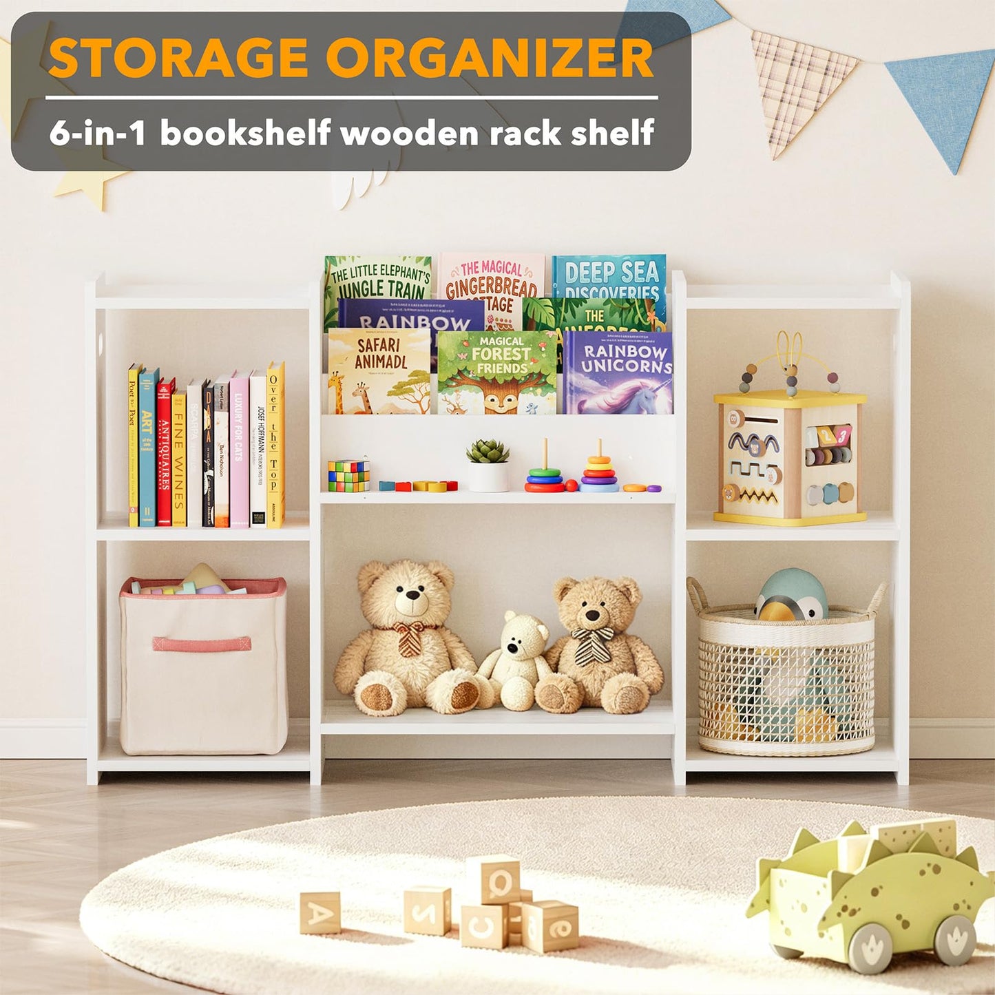 SpaceAid 6-in-1 Bookshelf Storage Organizer, Montessori Bookcase for Toddlers, Wooden Book Rack Shelf Cabinet Furniture for Kids Rooms, Playroom, Nursery and Classroom, 45.6“ Wide, White