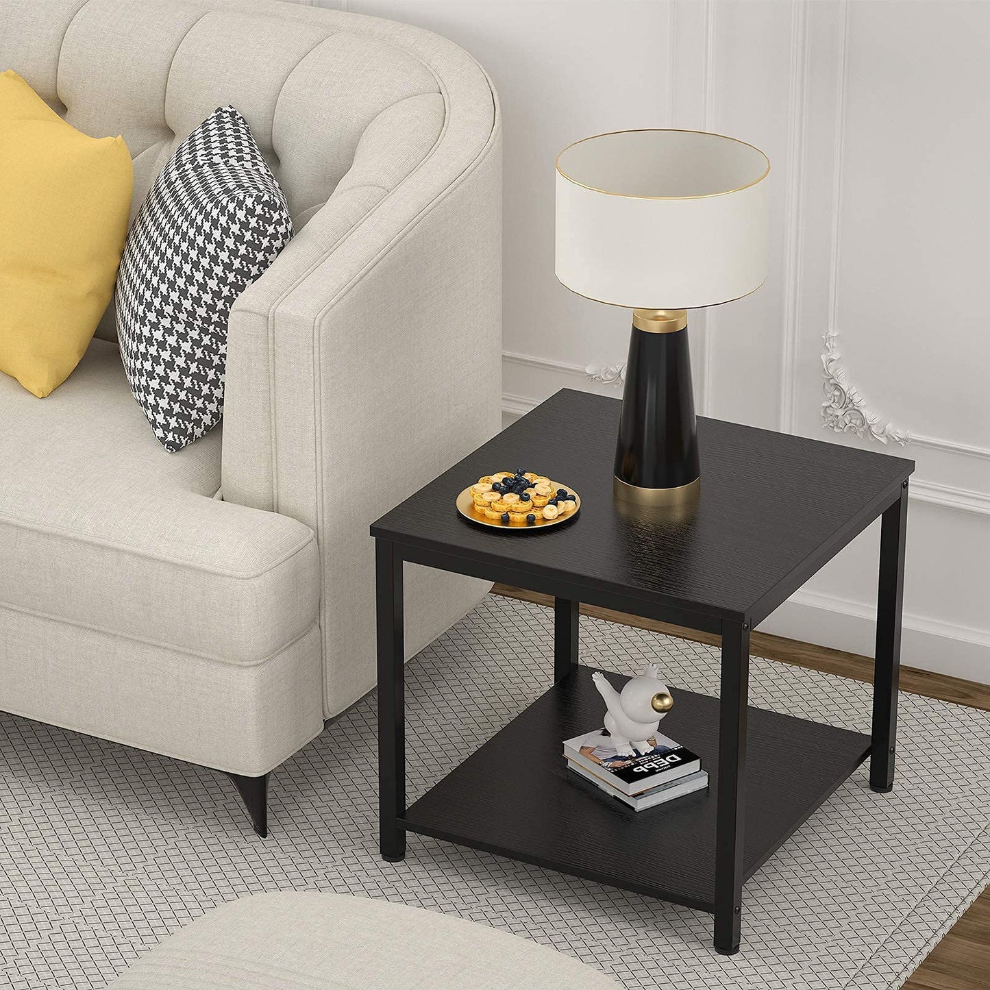Homieasy Side Table 20 Inch Square, 2-Tier Coffee Tea End Table Nightstands for Sofa Couch Bed, Metal Wood Accent Modern Simple Industrial Style Side Table for Living Room Bedroom, Black
