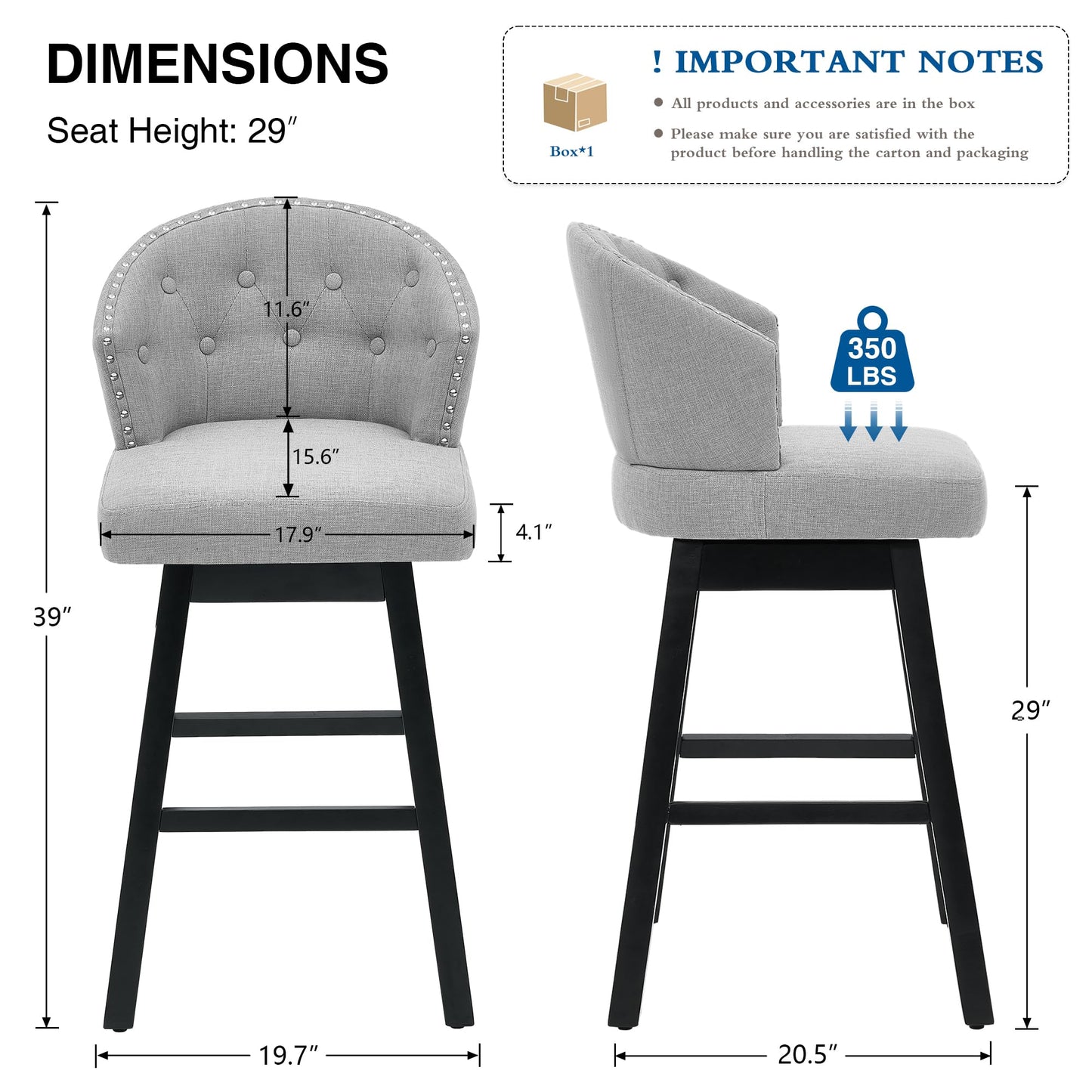 UDAX 29''Swivel Bar Stools Set of 2, Upholstered Barstools with Backs, Modern Counter Height Bar Stool Chairs for Kitchen Island, Wood Legs, Counter Stools