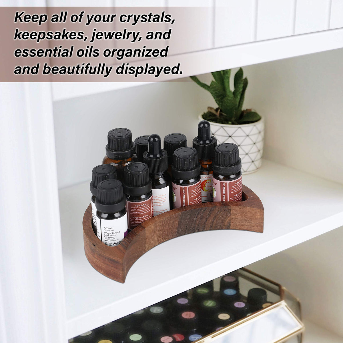 Curawood Crescent Moon Tray - Showcase Your Gems, Healing Stones & Treasures - 6"x3" Wooden Crystal Display Tray, Crystal Holder for Stones Display Shelf, Gemstone Rock Holder Charging Bowl, Walnut, S
