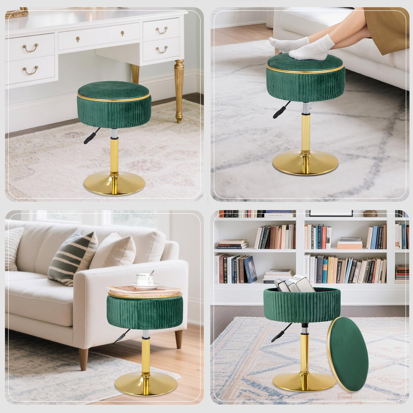MRITWAII Adjustable Vanity Stool with Storage, 360° Swivel Makeup Stool Chair Small Velvet Round Ottoman with Gold Base for Bedroom, Green
