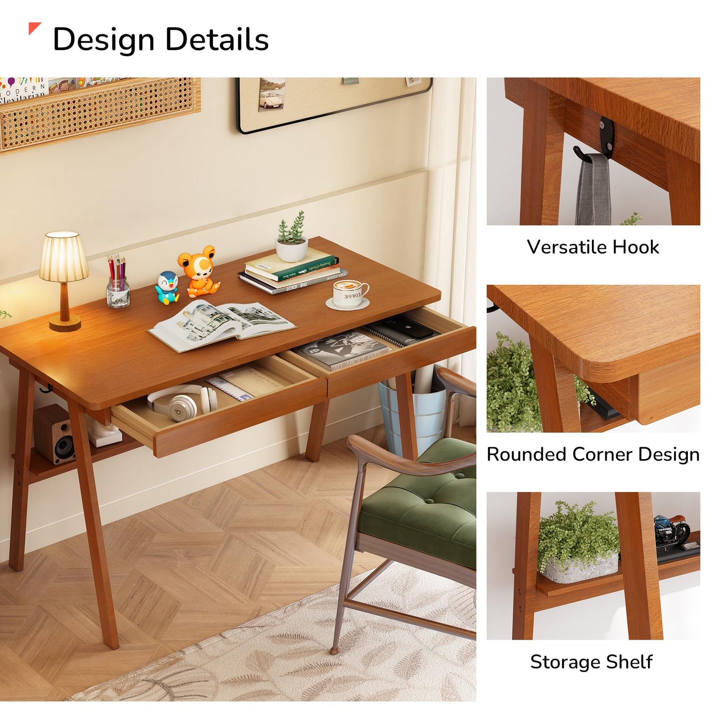 100% Solid Wood Writing Desk - 47.2" Mid Century Modern Desk, Home Office Desks with 2 Drawers and Storage Shelf, Small Computer Desks, Study Makeup Workstation for Bedroom/Living Room, Walnut