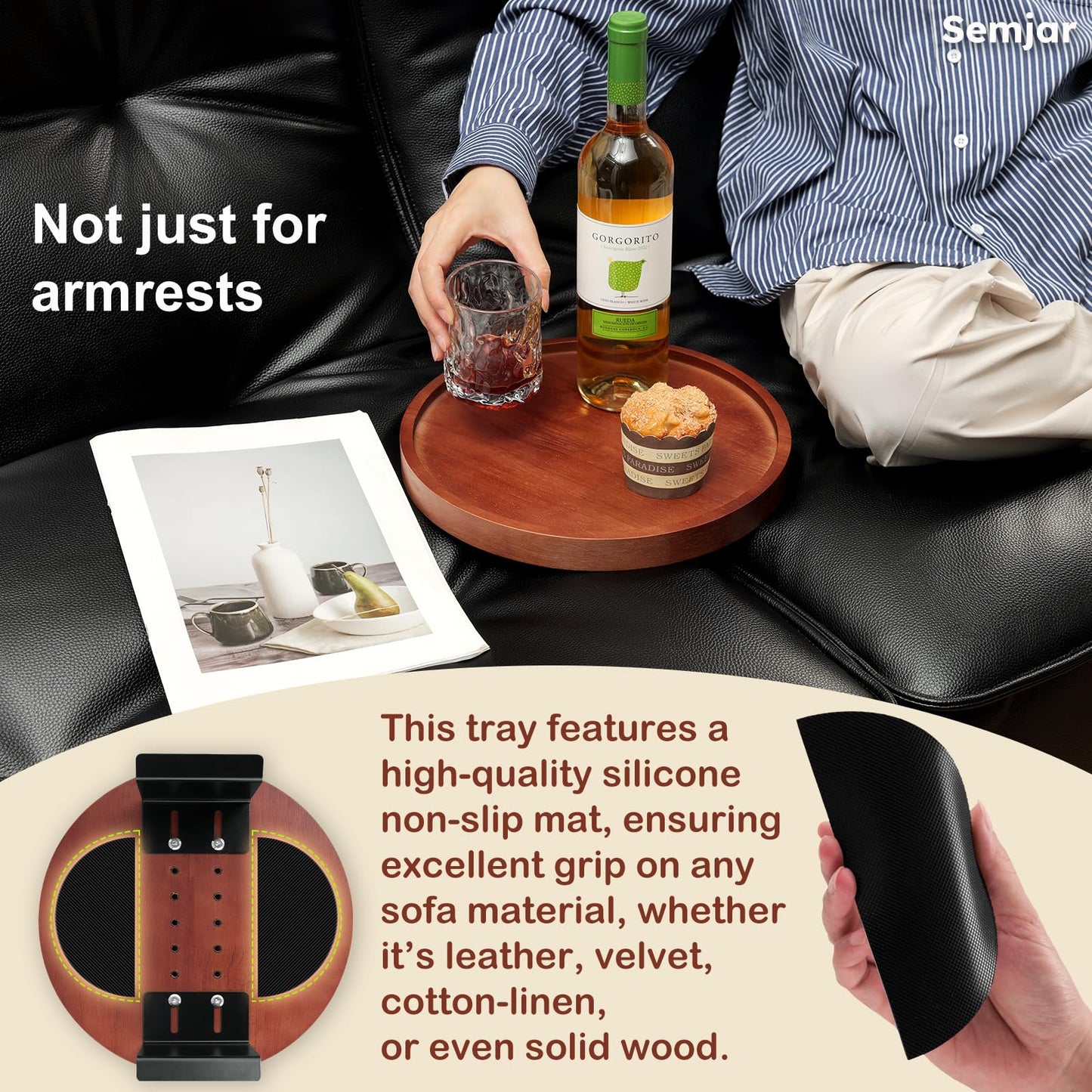 Semjar 2 Pack Sofa Arm Tray,11.8“ Adjustable Natural Wood Couch Arm Trays Tables with Phone Holder,More Anti-Slip Clip On Chair Table Tray,Round Couch Armrest Cup Holder for Drinks Snack Eating