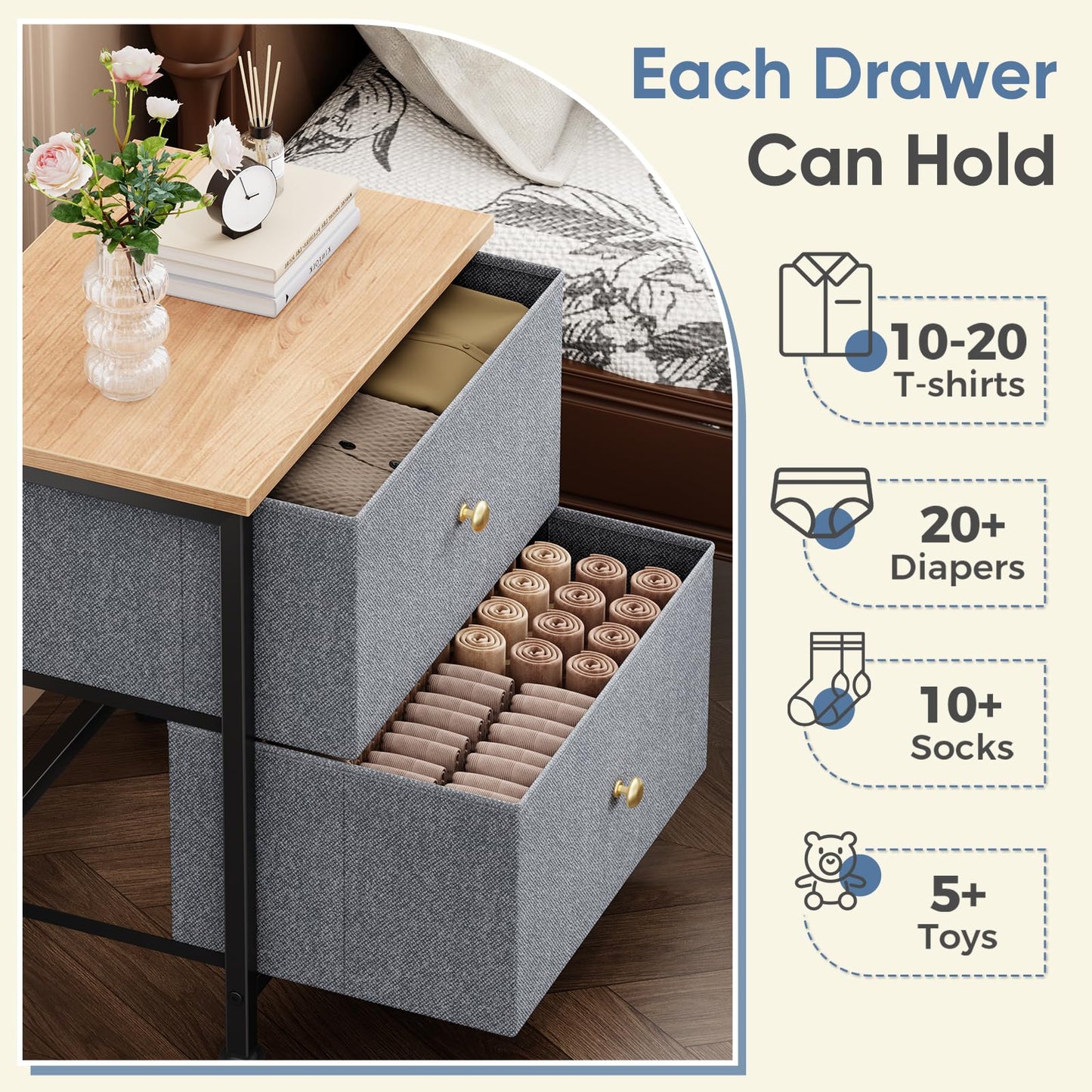 DUMOS Nightstand, Bedside Table for Bedroom, Small Dresser, 2 Fabric Drawer