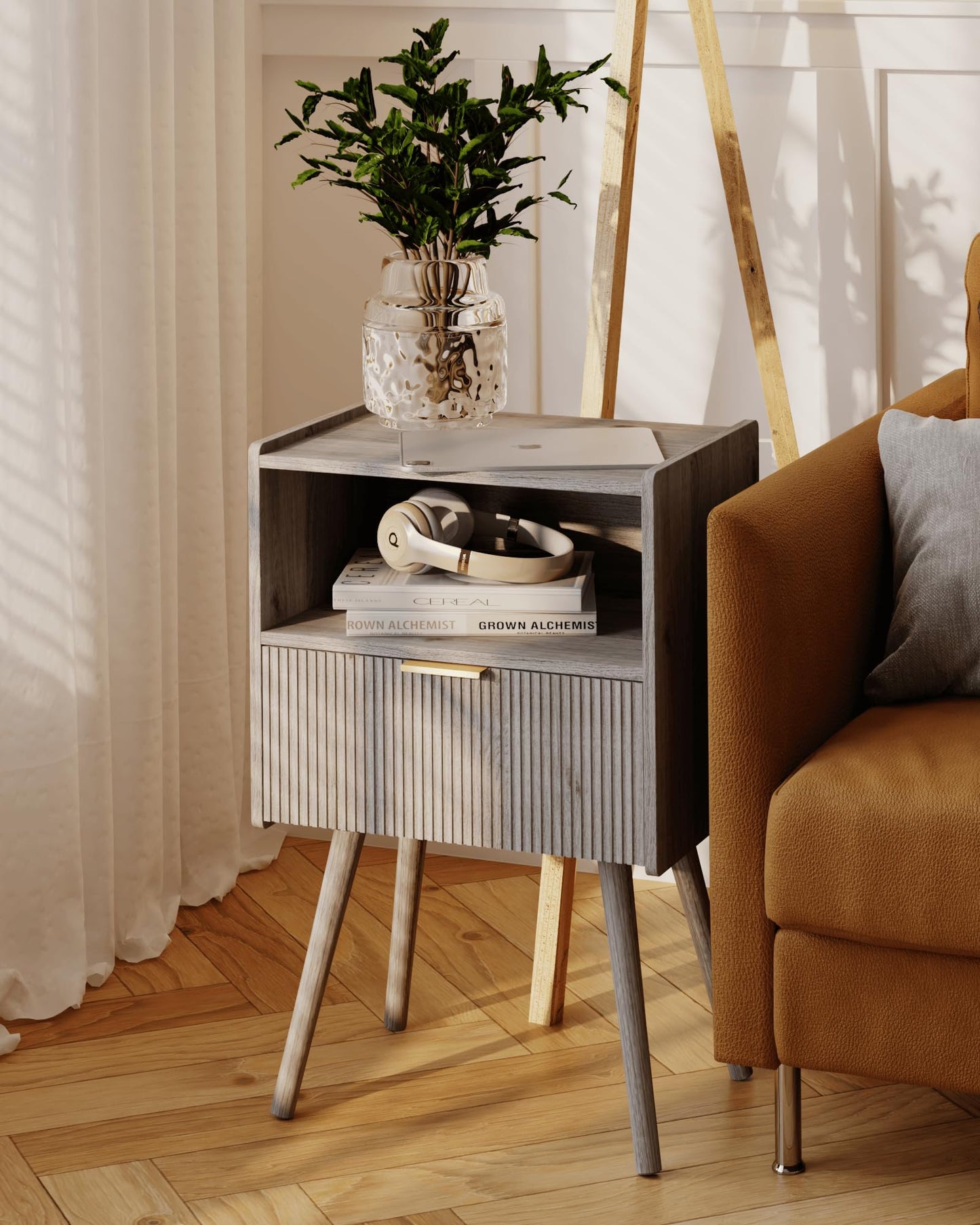 JOONEE Nightstand,Modern Bedside Table with Storage Drawer and Open Wood Shelf, for Living Room, Bedroom and Small Spaces, Accent Night Stand with Solid Wood Legs, Easy Assembly,Grey Oak