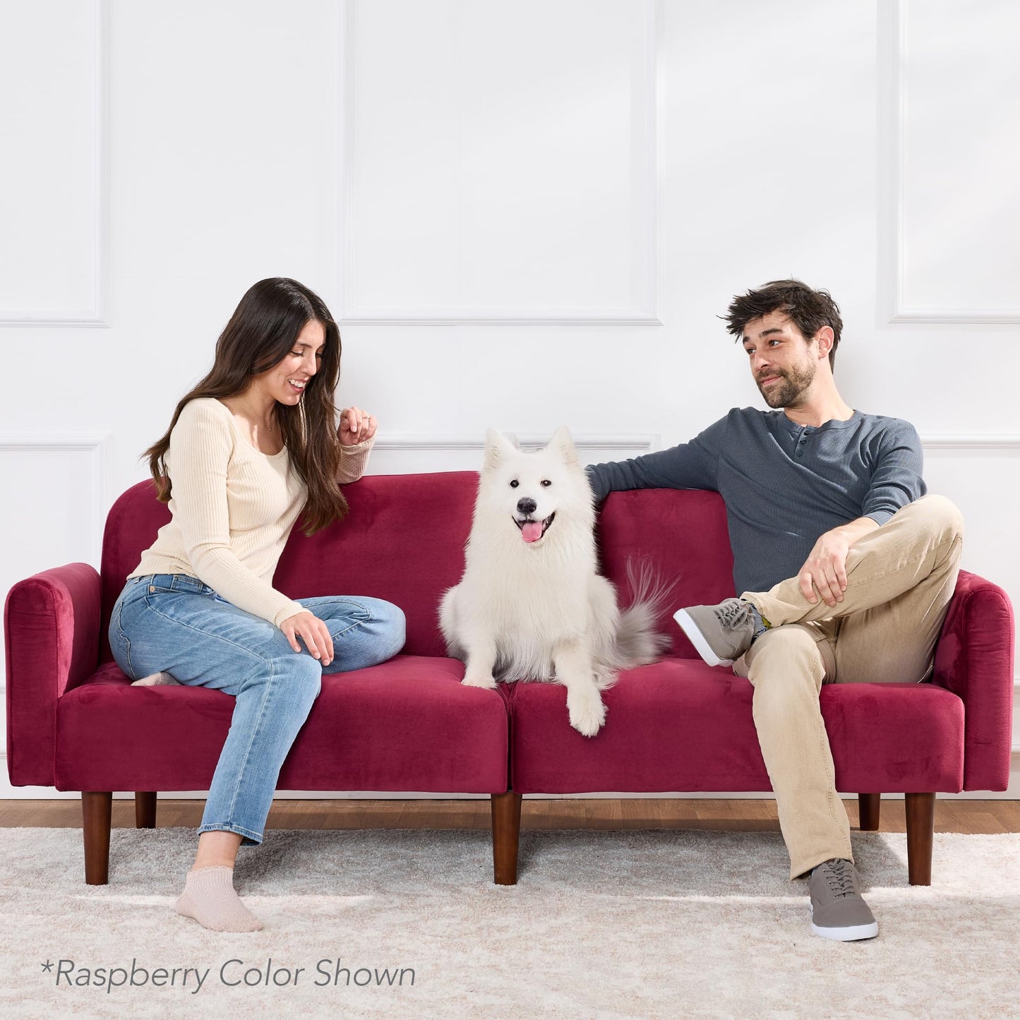 Best Choice Products 77" Mid Century Modern Velvet Loveseat Sofa, Couch, Convertible Sofa Sleeper Bed w/Real Wood, Removable Armrest - Raspberry