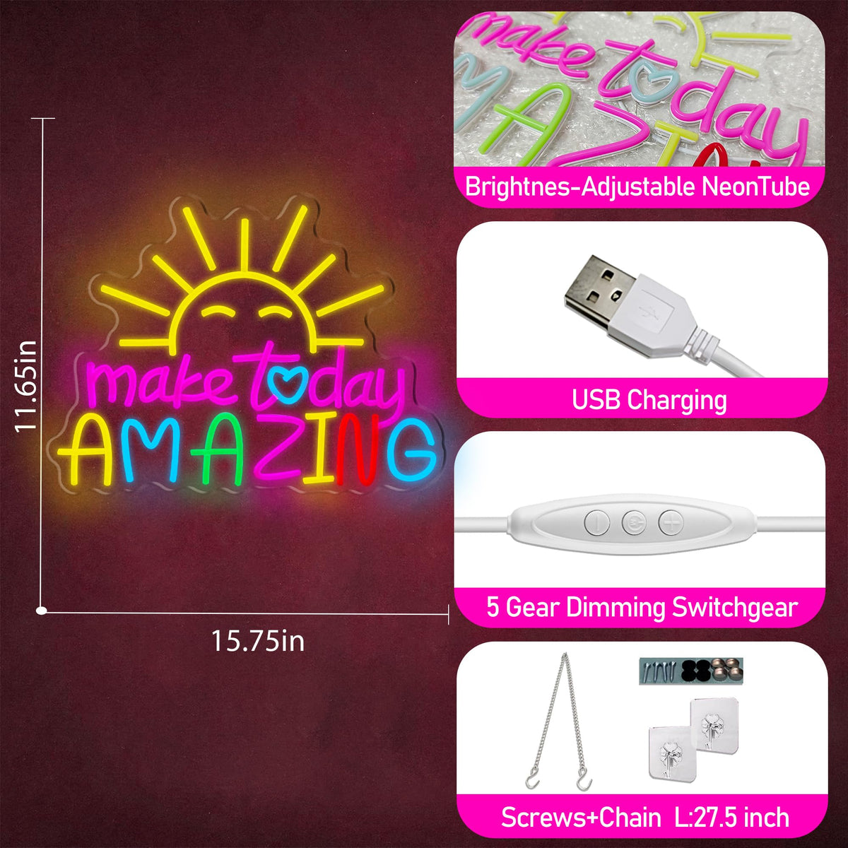 Make Today Amazing Neon Sign, Cool Sunrise Dimmable Neon Light Up Inspirational Slogan Boho Hanging Wall Art Decor LED Sign for Dormitory Room Cafe Club Wedding Gym Party Birthday Christmas Gift