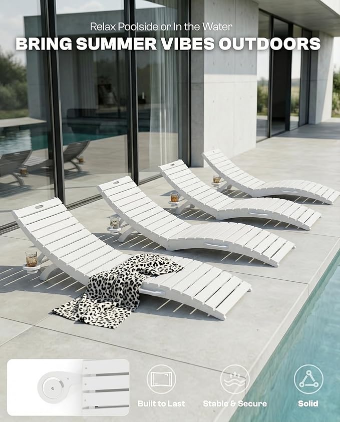 Folding HDPE Pool Lounge Chairs Set of 6, Pre-Assembled Outdoor Chaise Lounge