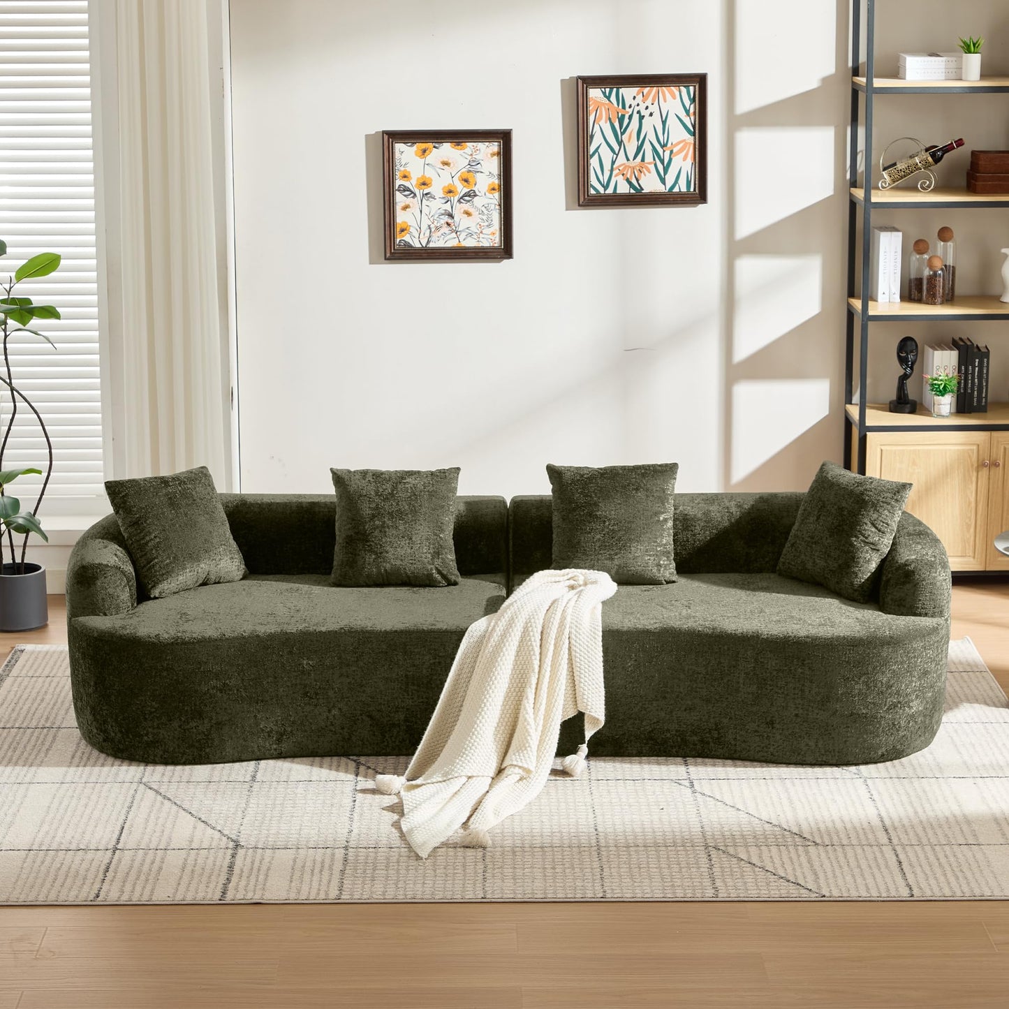 Sectional Sofa, Curved Cloud Sofa Couch, Chenille Full Sponge Chaise for Living Room, Apartment (Olive Green, 110 Inch)
