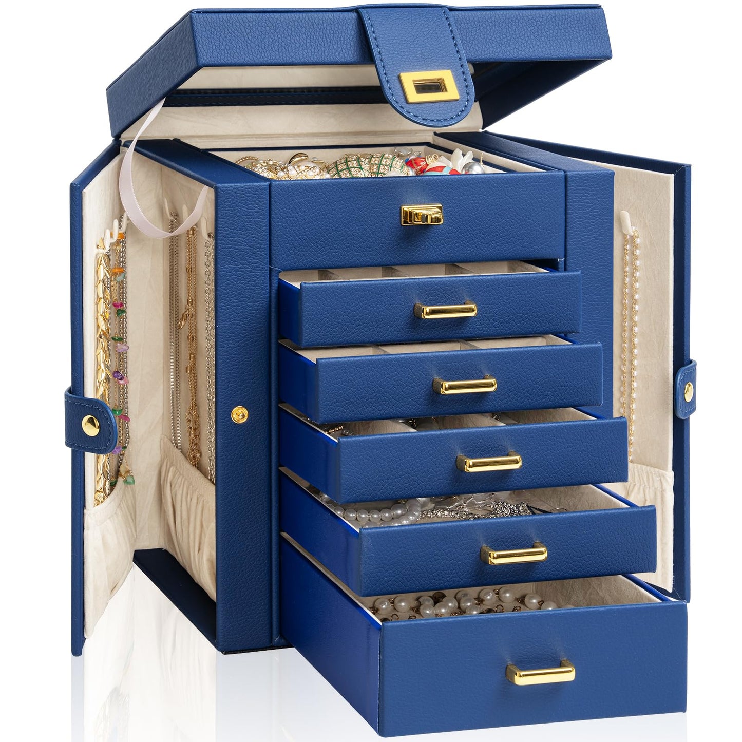 AKOZLIN 6-Tier Jewelry Box Organizer Functional 5 Drawers Leather Jewelry Storage Case for Women Girls Ring Necklace Earring Bracelet Holder Organizer with Mirror Blue Regular