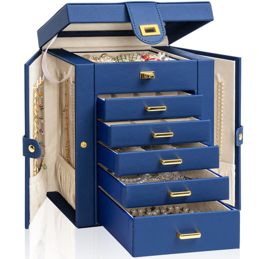 AKOZLIN 6-Tier Jewelry Box Organizer Functional 5 Drawers Leather Jewelry Storage Case for Women Girls Ring Necklace Earring Bracelet Holder Organizer with Mirror Blue Regular