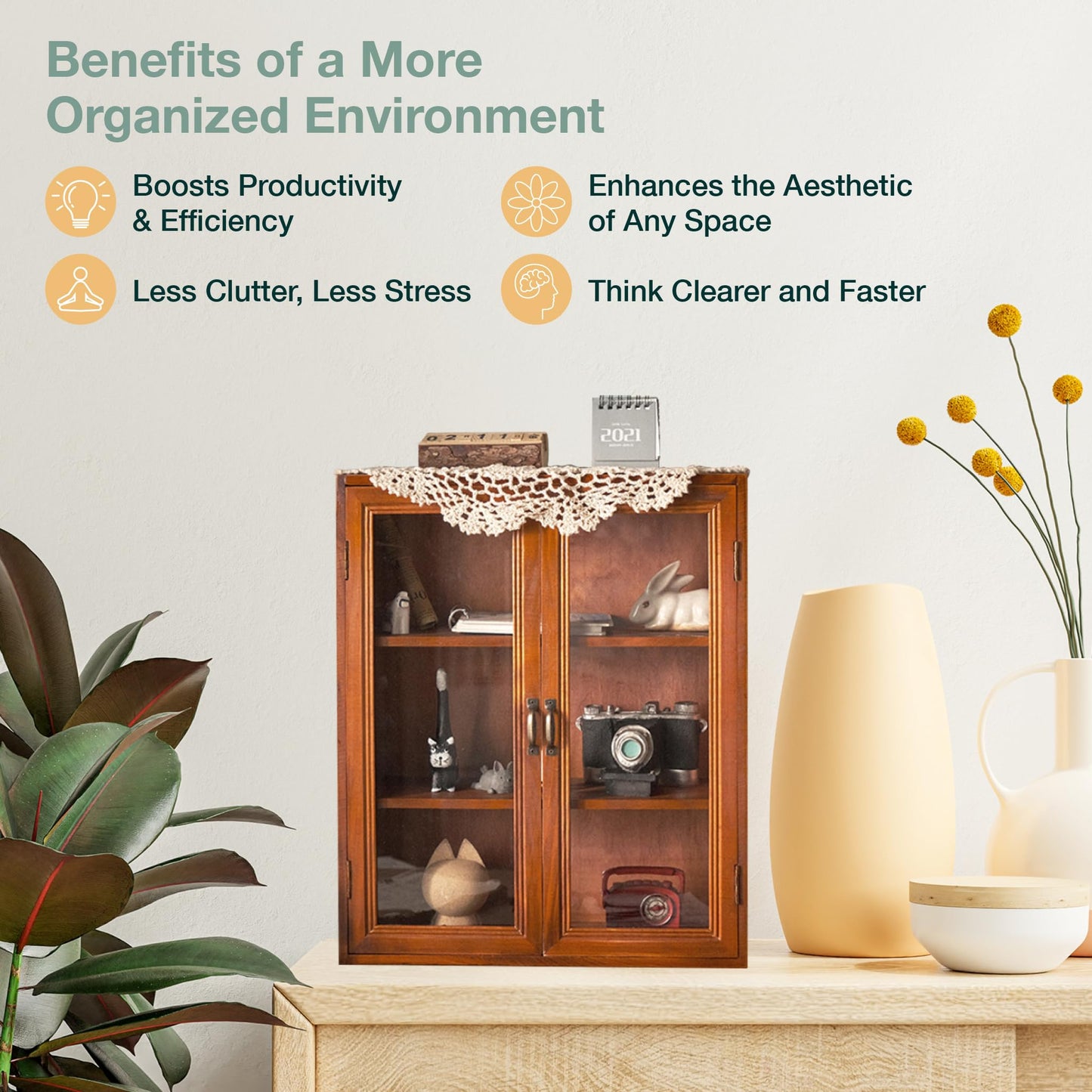 Woodaholic Storage Display Cabinet with Clear Display Doors - Pantry Storage Cupboard - 3-Level Cover with 2 Metal Handles - Rustic Mini Kitchen Cupboard, Mahogany Wood