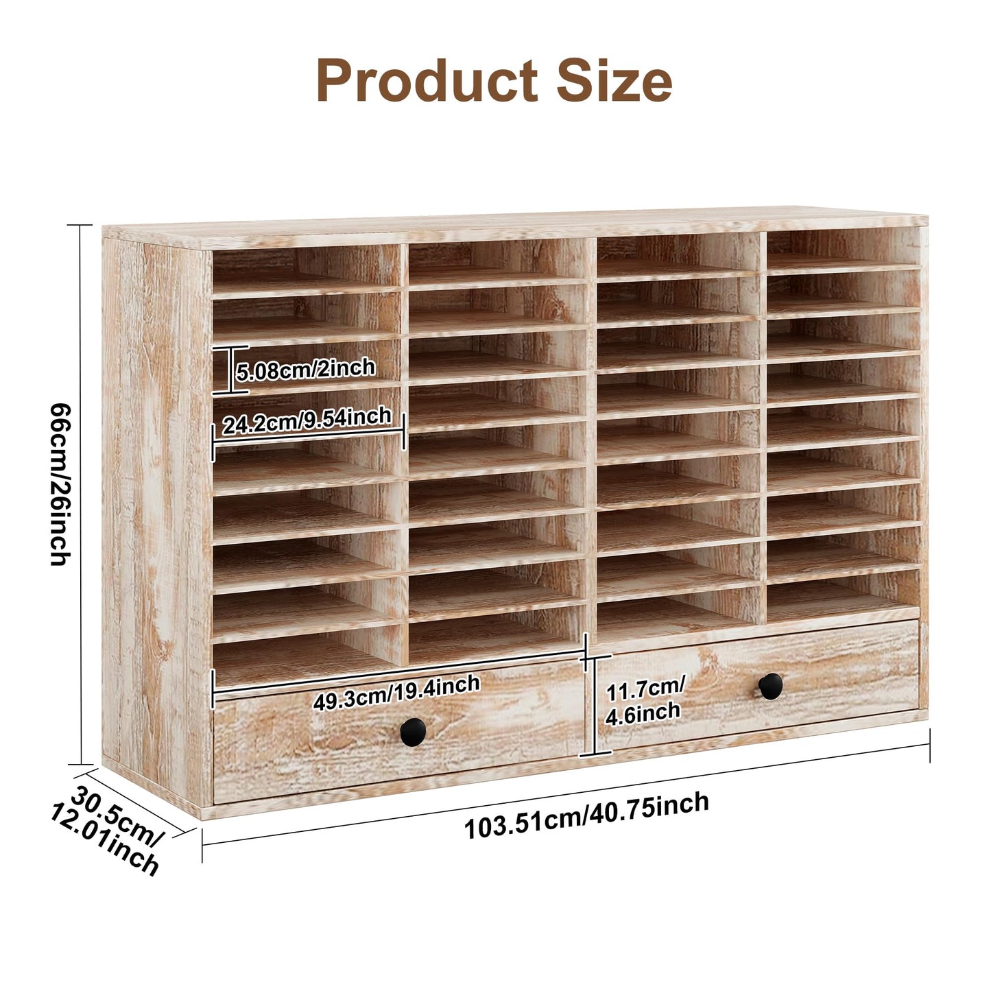 TQAVI Wood Classroom Mailbox 36 Compartments with 2 Drawer, Large Paper Organizer with Adjustable Shelves to Sorting Literature Bill, A4 Size File Organizer for Office School Home, Retro White