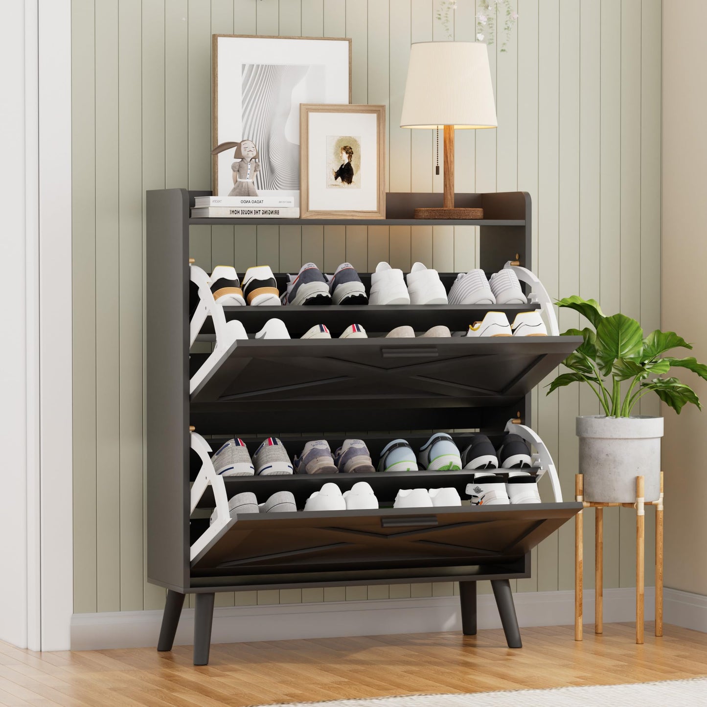 Homleke 32" W Farmhouse Shoe Storage Cabinet with 2 Flip Drawers and Barn Door Design, Adjustable Shelves, Modern Hidden Slim Narrow Shoe Rack Cabinet for Entryway, Foyer, Hallway, Living Room, Black