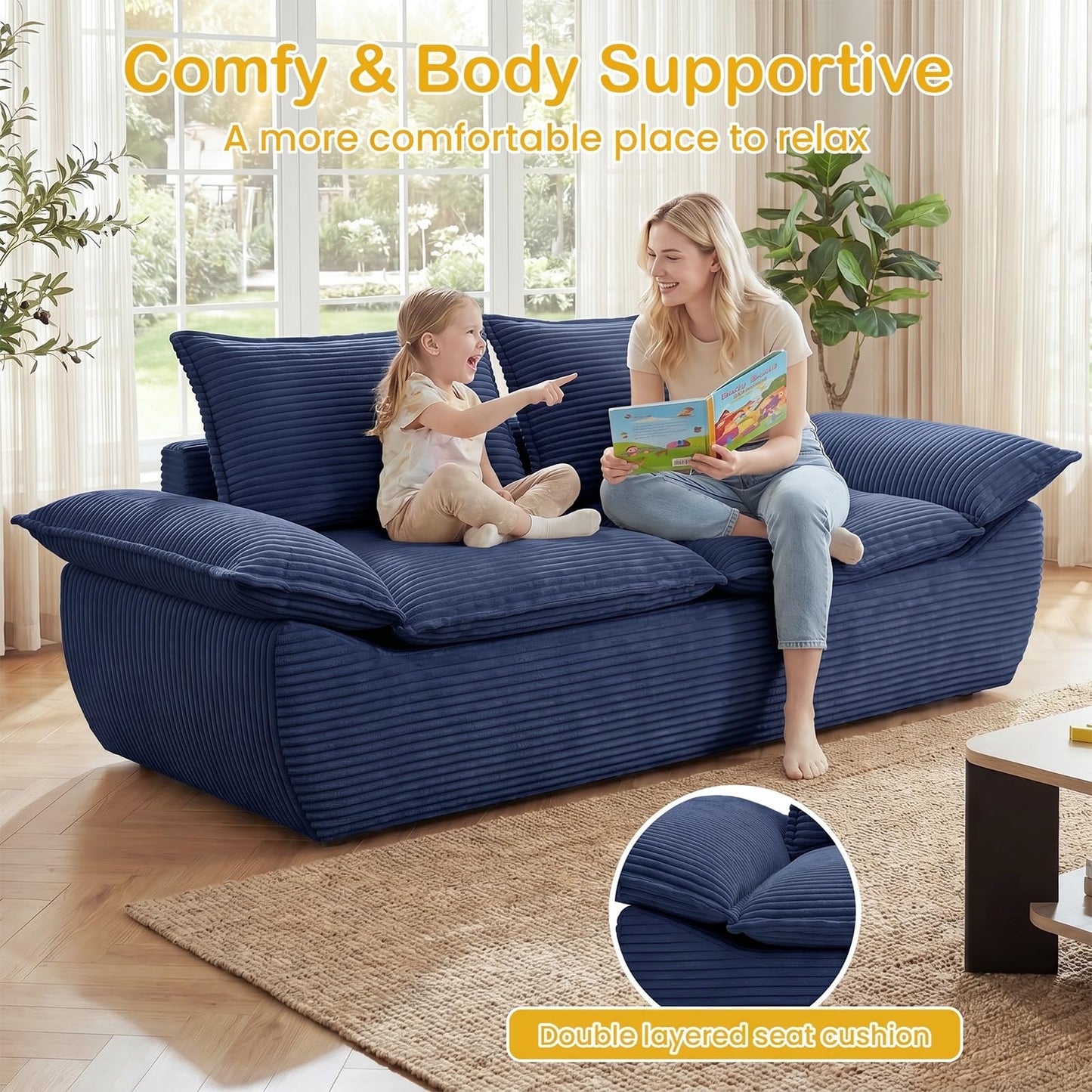 AOLVDOW 56" Boneless Loveseat, 2-Seater Boneless Sofa with Removable Cushions & 2 Pillows, Small Deep Seat Boneless Couch Compress Foam Sofa for Living Room, Apartments, & Office (Blue, Loveseat)