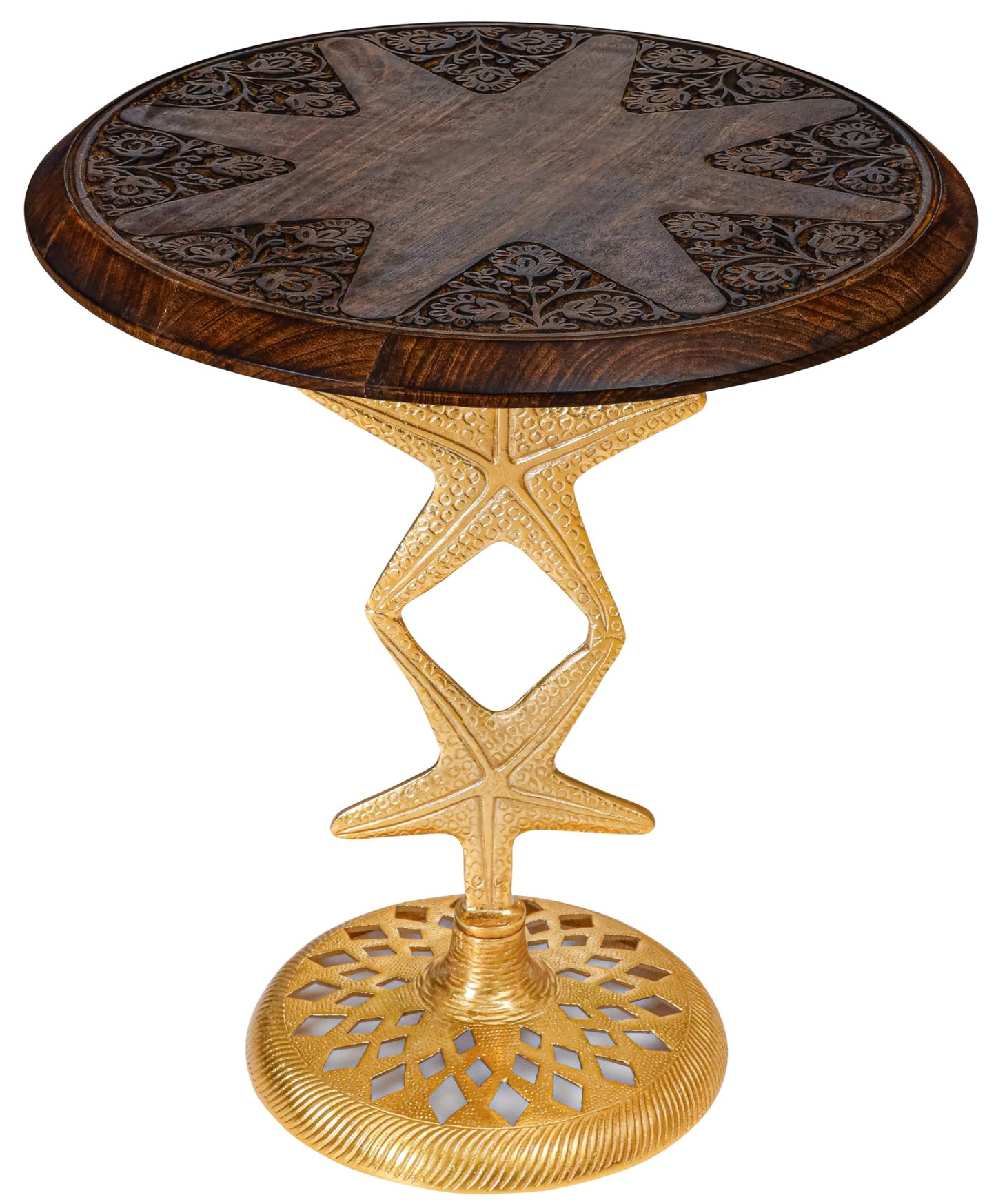 The Wooden Town Side Tables-Hand Carved Vintage Boho Folding End Tables for Living Room, Entryway,Living Room, Bedroom -No Tools Assembly, 18"x22" Burnt Brown with Gold Aluminium Alloy_ Star