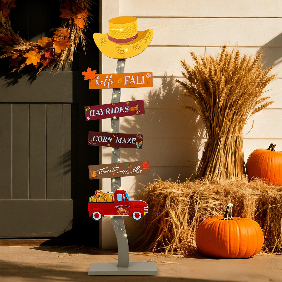 Lighted Wood Hello Fall Porch Sign,Fall Welcome Porch Decor,Autumn Maple Pumpkin Truck Sweater Weather Standing Wooden Signs for Harvest Thanksgiving Decor