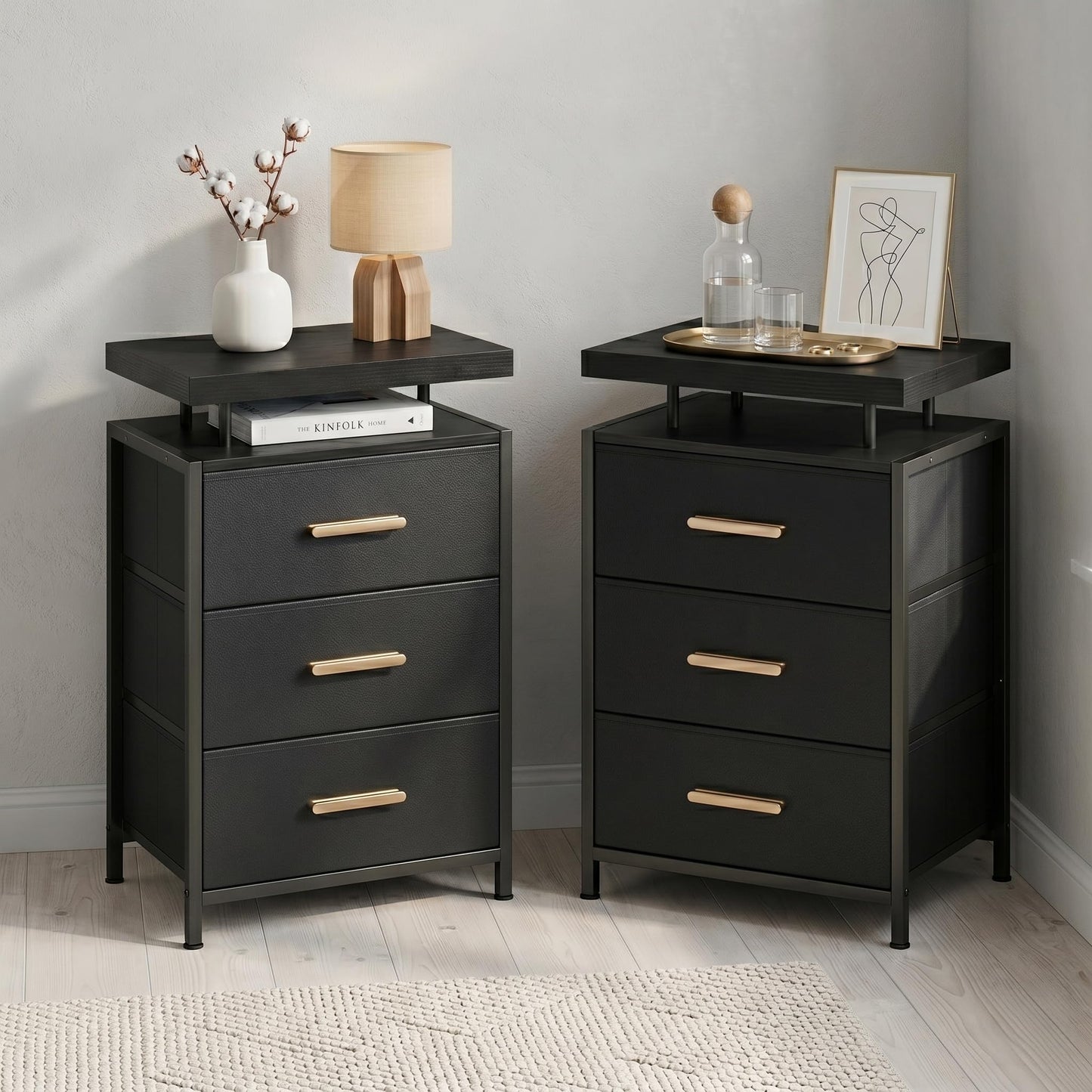 DreamDashio Nightstand Set of 2 with LED Lights, 3 Fabric Storage Drawers with PU Finish, Floating Top Design, Bedside Table with Open Shelf, End Table for Bedroom, Living Room, Office Black