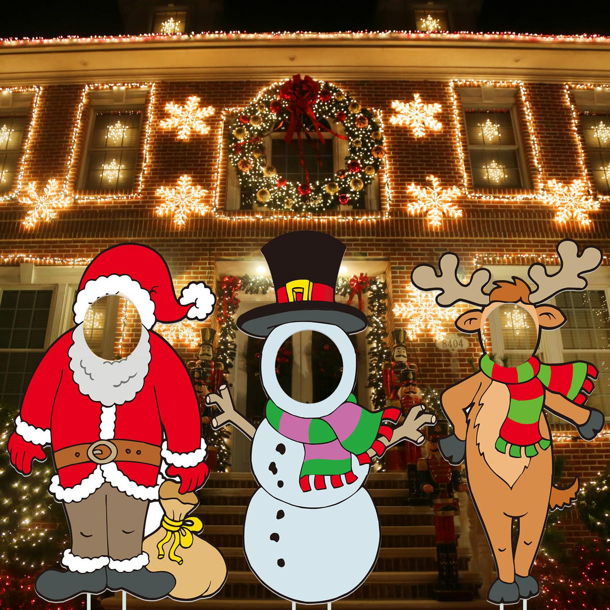 Soaoo 3 Pcs 36" Christmas Yard Sign Snowman Santa Claus Reindeer Photo Props Xmas Outdoor Decorations Large with Stakes Holiday Face Photo Cutout Decorations for Yard Lawn Garden Xmas Gifts