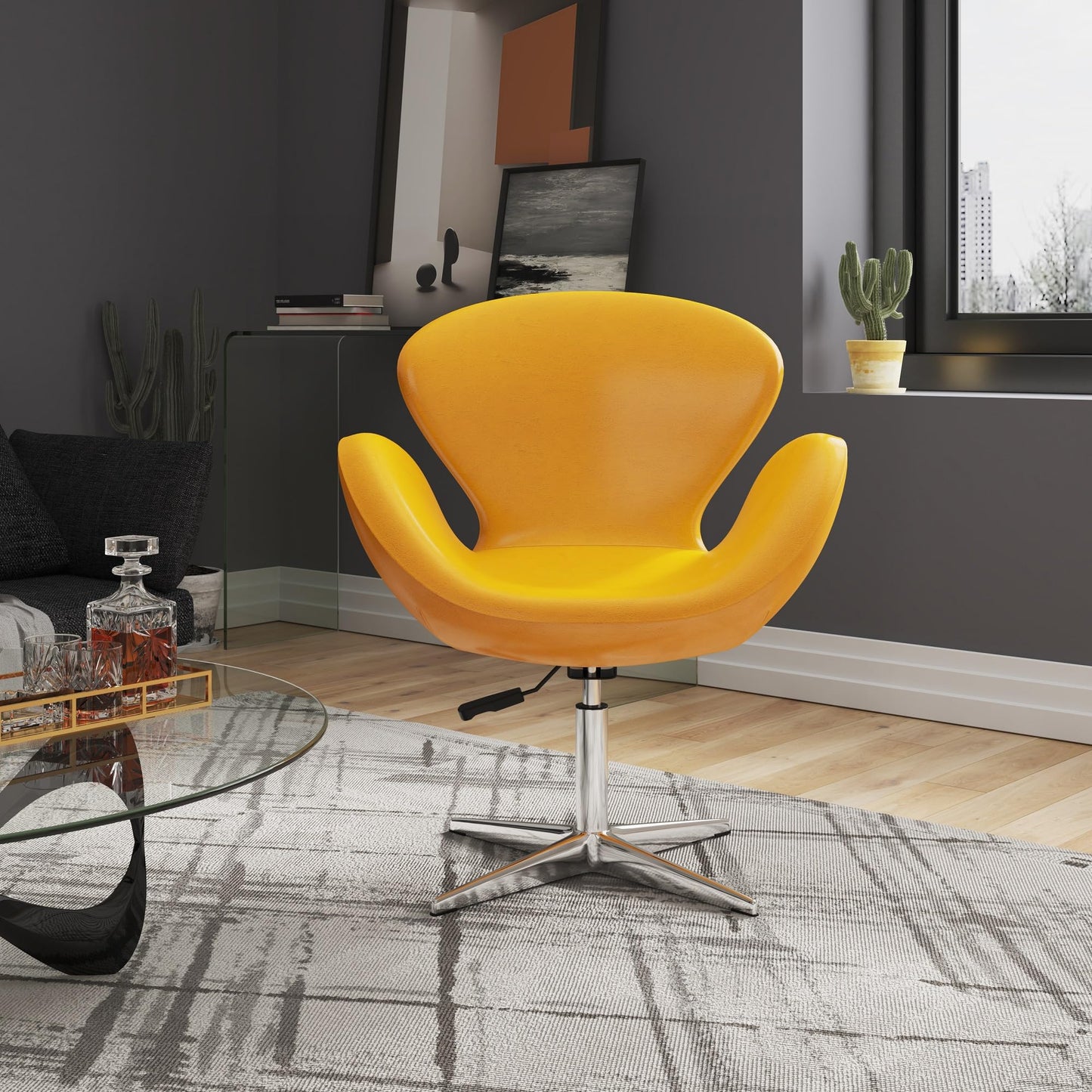 Manhattan Comfort Raspberry Adjustable Swivel Accent Chair Set of 2 with 360° Turn, Polished Chrome Base, Modern Retro Design, Ideal for Living Room and Home Office, Yellow Faux Leather