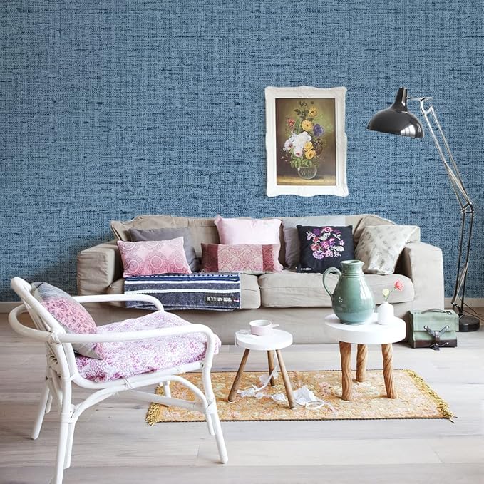 Blue Peel and Stick Wallpaper 393.7inch Textured Linen Contact Paper