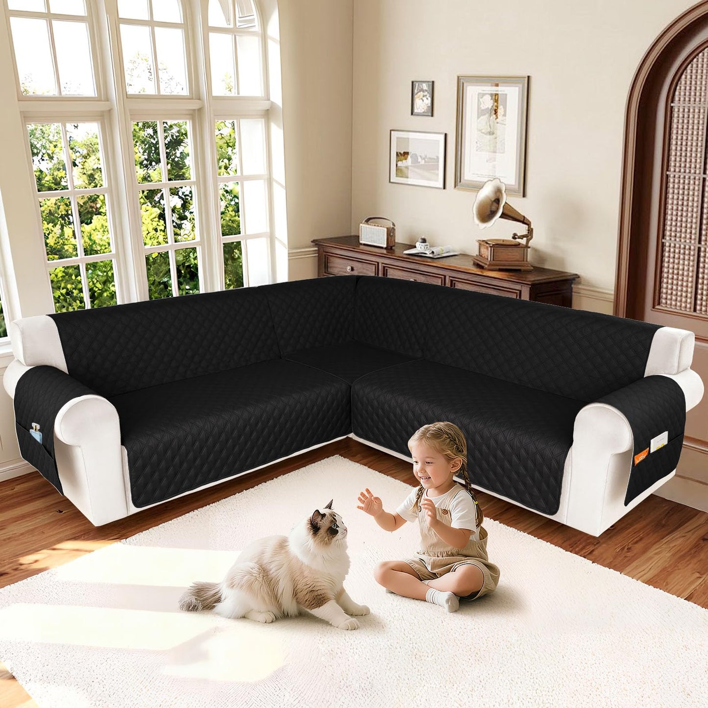 HDCAXKJ Waterproof Sectional Couch Cover L Shaped Sofa Covers Washable Corner Sectional Slipcovers Dog Pet Proof U Shape Furniture Protector with Upgraded Anti Slip Strips (Large, Black)