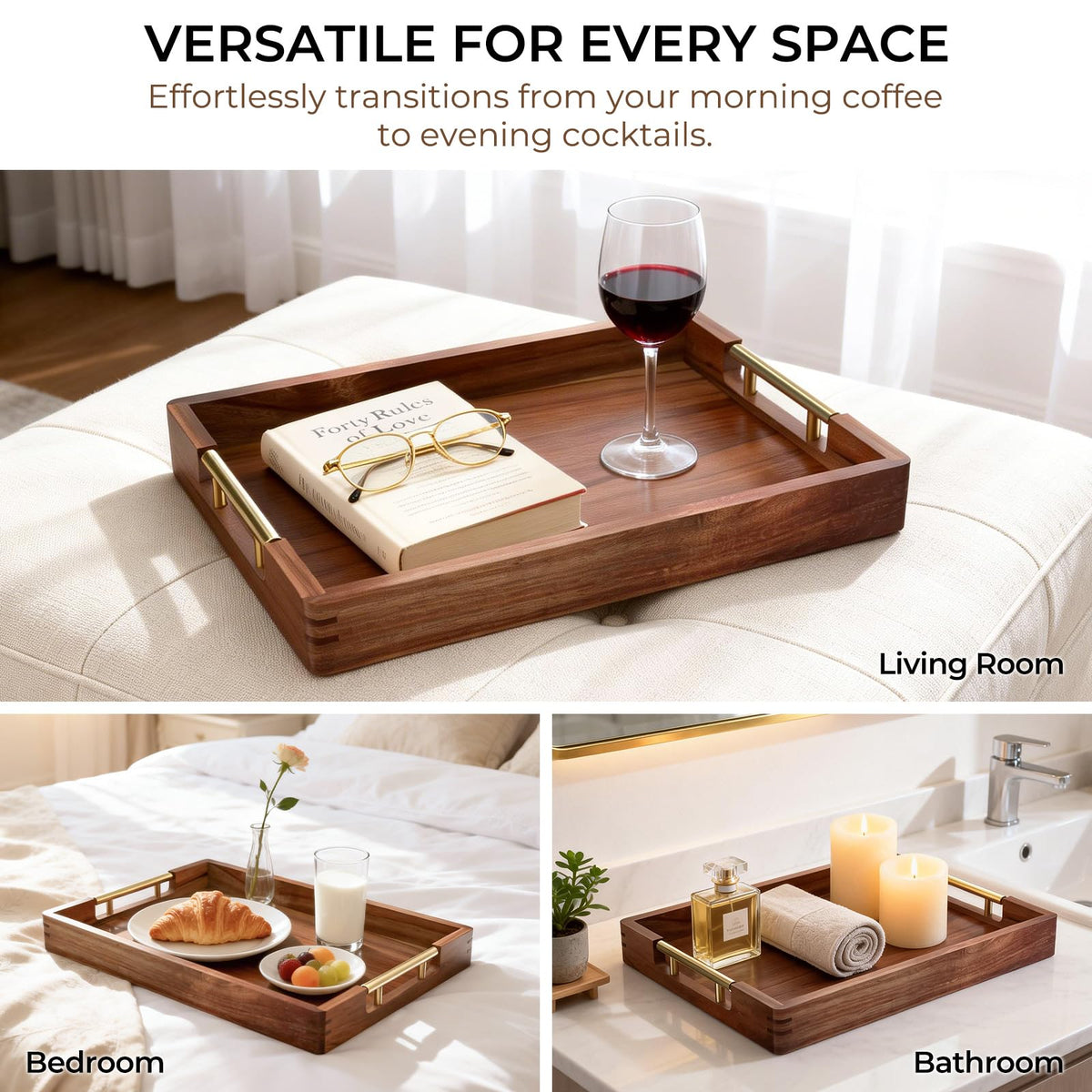 ZENPTIA Acacia Wood Serving Tray with 2 Sets of Handles (Gold & Silver) - 17" Large Wooden Tray for Ottoman Coffee Table, Decorative Tray for Living Room & Kitchen - Solid Wood Table Topper