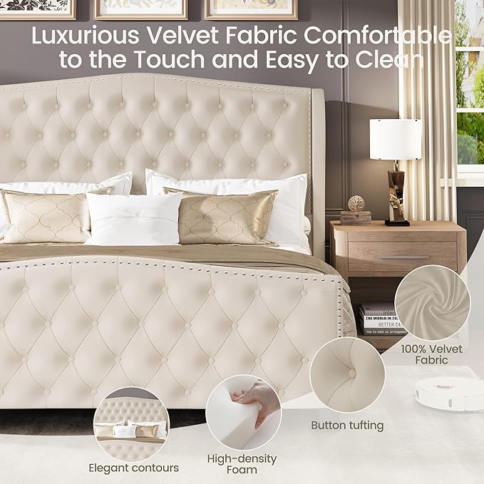 LARMACE Queen Size Bed Frame Velvet Upholstered Platform Bed