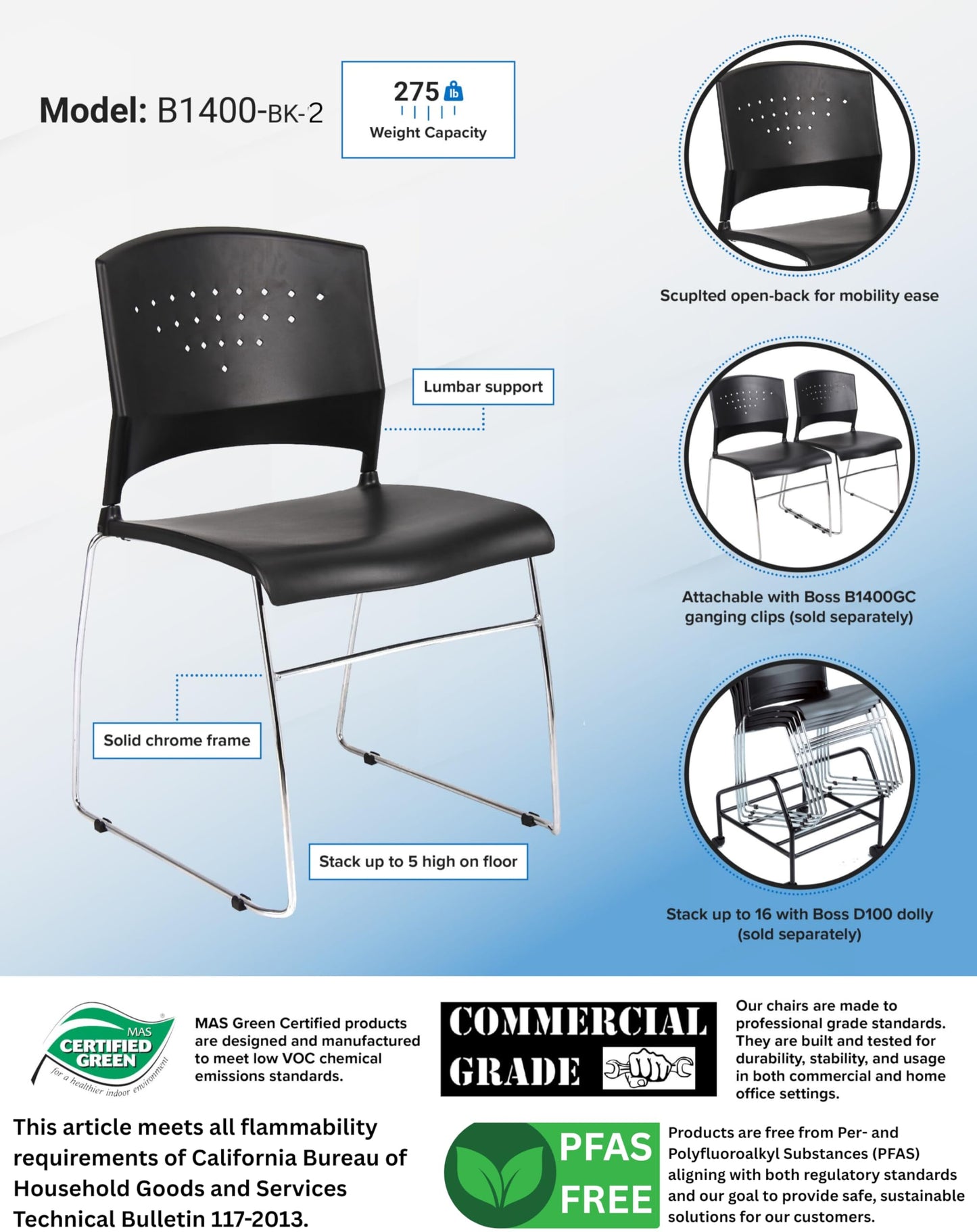 Boss Office Products Chrome Frame Stack Chair 2 Pack in Black