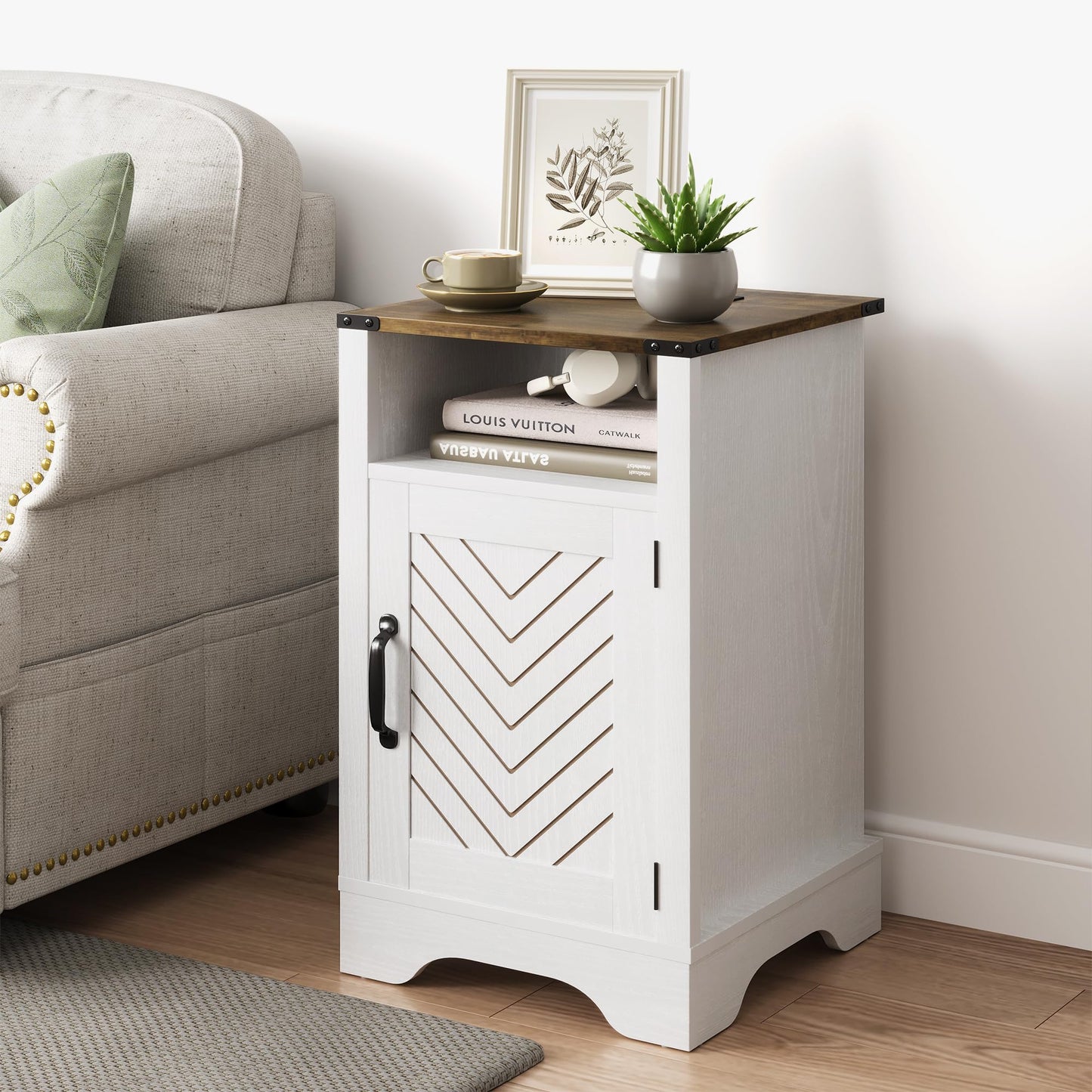 RoyalCraft Farmhouse Nightstand, End Table with Charging Station, Tall Bedside Table with Large Storage Room and Shelf, Wooden Rustic Side Table for Bedroom, Home Office, White and Rustic Oak
