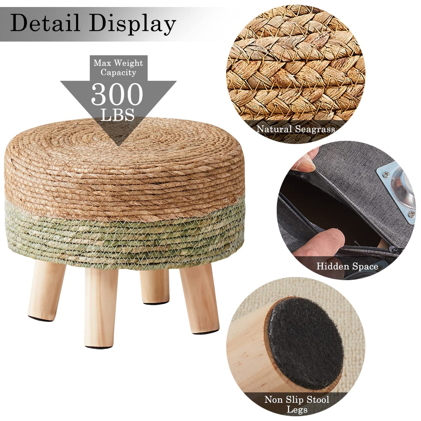 Cpintltr Ottoman Natural Seagrass Footrest Poufs Hand Weave Round Foot Stool for Couch Desk Soft Step Stool Padded Foot Rest with Pine Legs for Living Room Bedroom Natural/Green