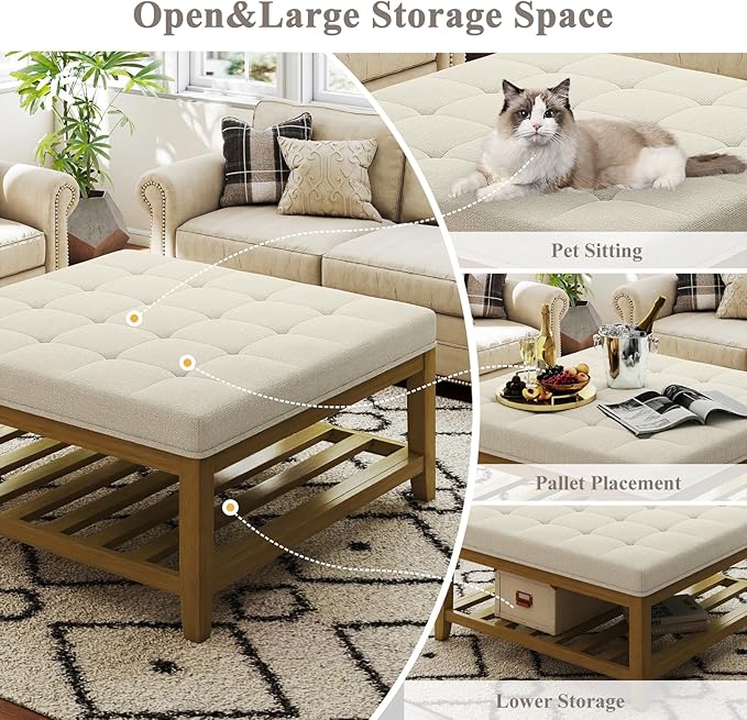 Befurtori Large Square Ottoman Coffee Table, Linen Solid Upholstered Footrest