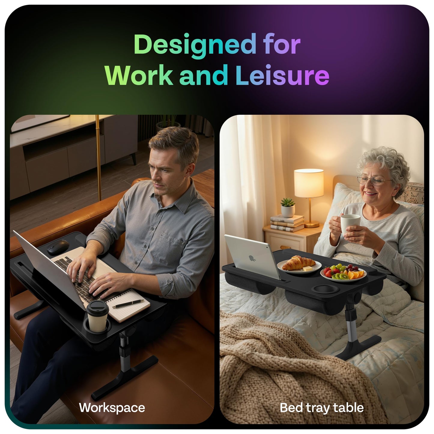 SHIRLIZ Lap Desk with Legs & Cushions: 2-in-1 Foldable Bed Desk for Adults - One-Touch Height Adjustment, Bed Table Tray Hold: up to 15.6“ Laptop, Mouse Cup Phone - Laptop Stand Desks for Bed (Black)