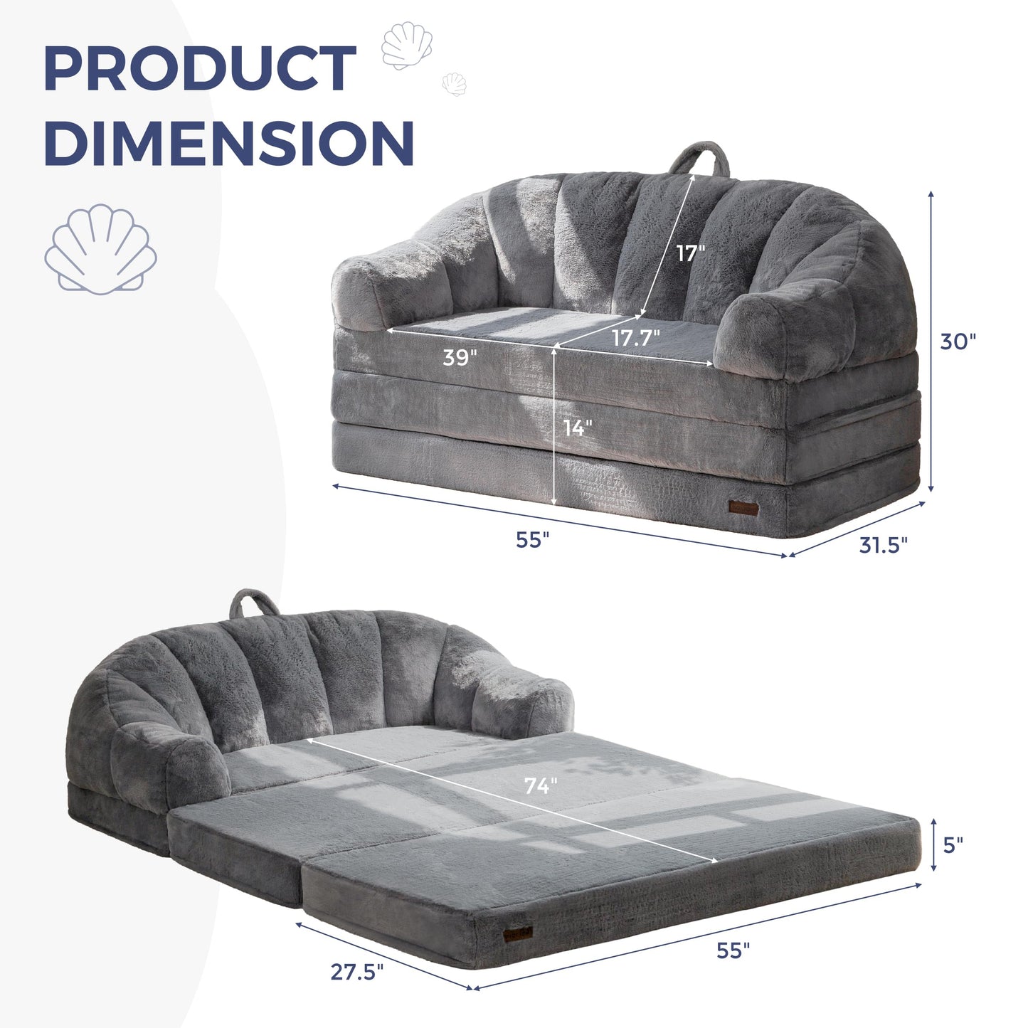 MAXYOYO Folding Sofa Bed, 2 in 1 Convertible Sofa to Lounger Comfy Loveseat Bean Bag Chair for Adults, Floor Couch with Handle, Faux Fur Couch Bed for Living Room Bedroom, Grey, Loveseat