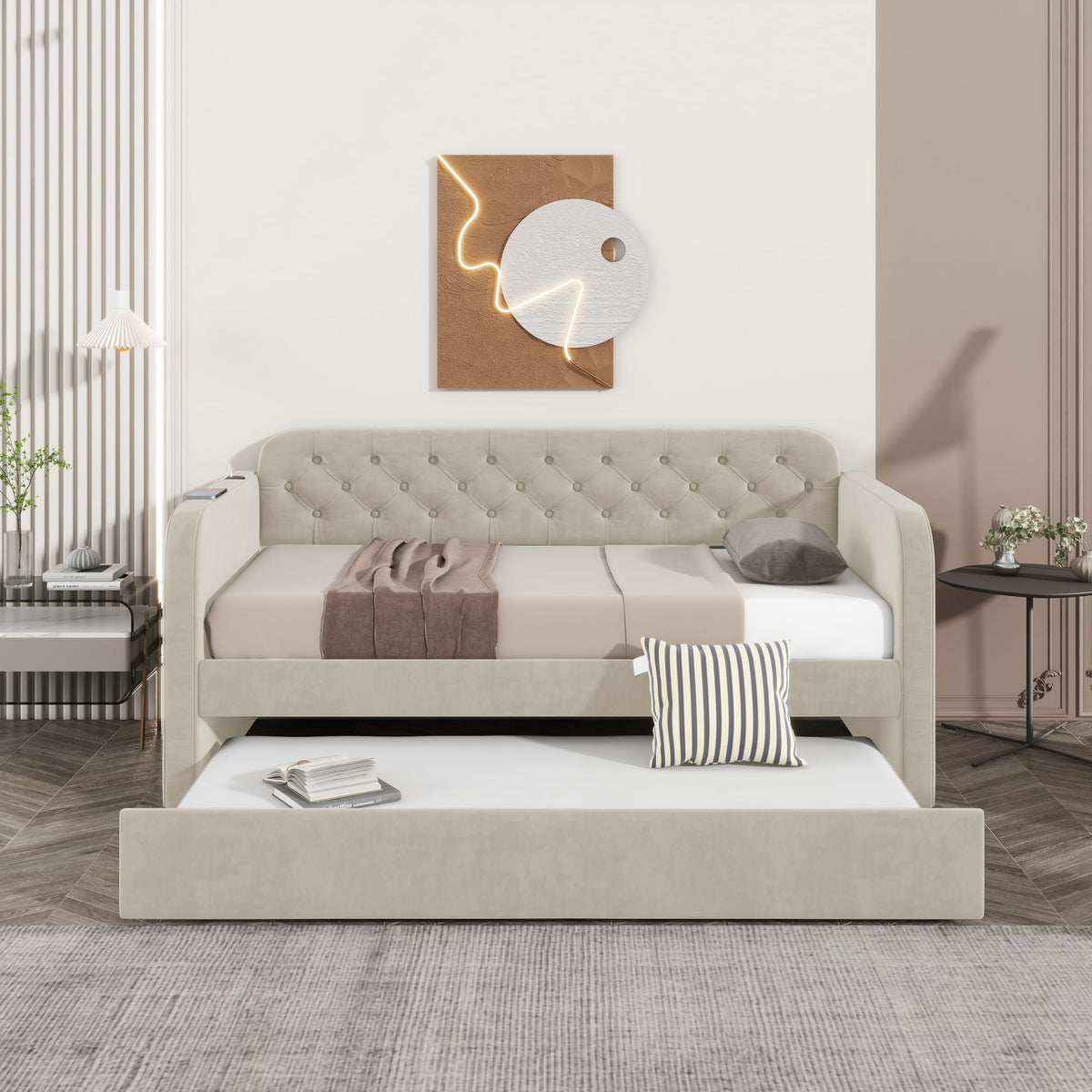 GDFStudio Twin Size Daybed with Trundle, Velvet Upholstered Twin Bed Frame with Headboard & USB Charging Station, Tufted Wood Platform Sofa Bed, Solid Slap Sofa Bed, No Box Spring Needed, Light Beige