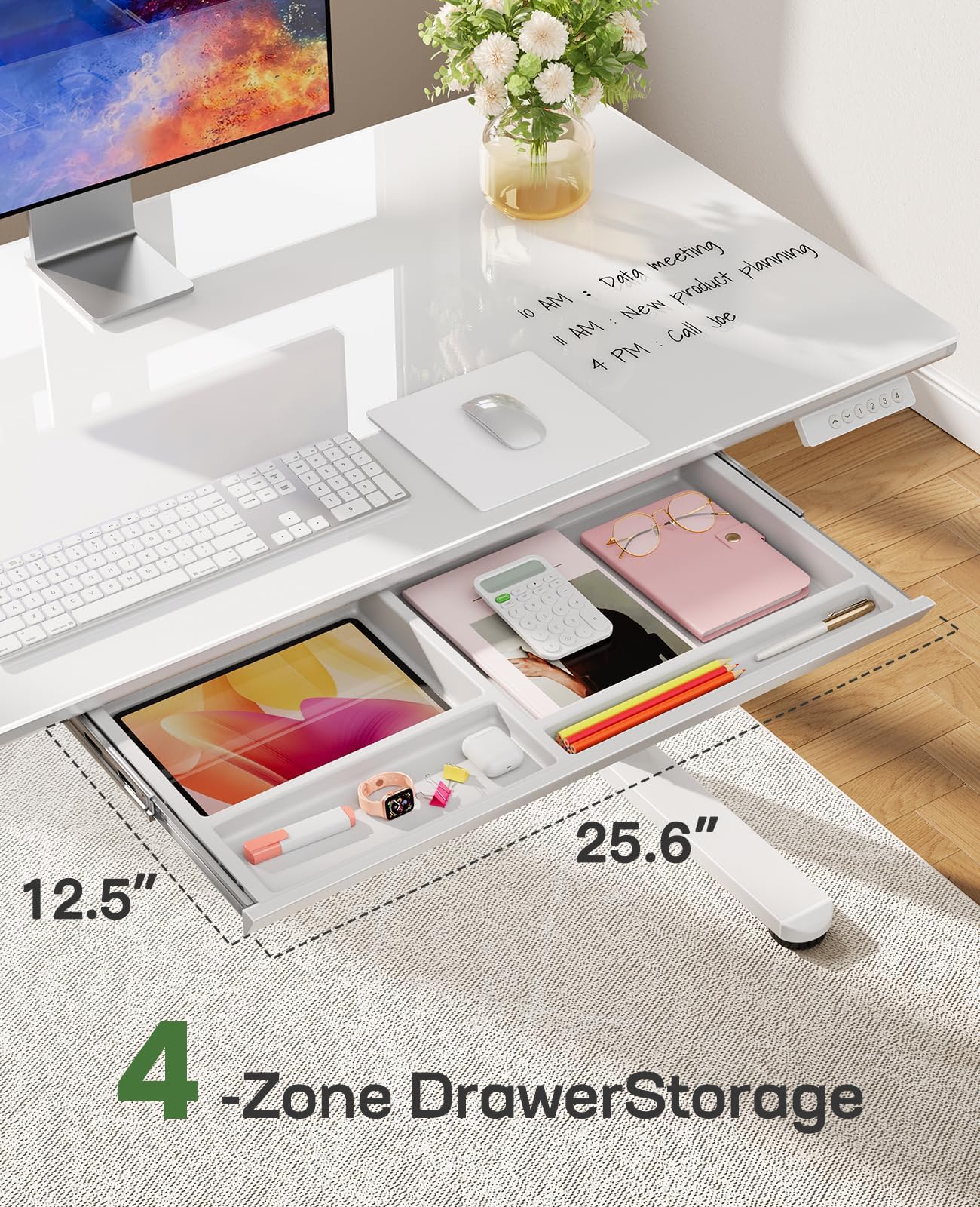 Marsail Glass Standing Desk with Drawer 37 x 22 Inches Stand up Desk Standing Desk Adjustable Height with One-Piece Tempered Glass Top, Ergonomic Home Office Desk with 4 Preset Heights White
