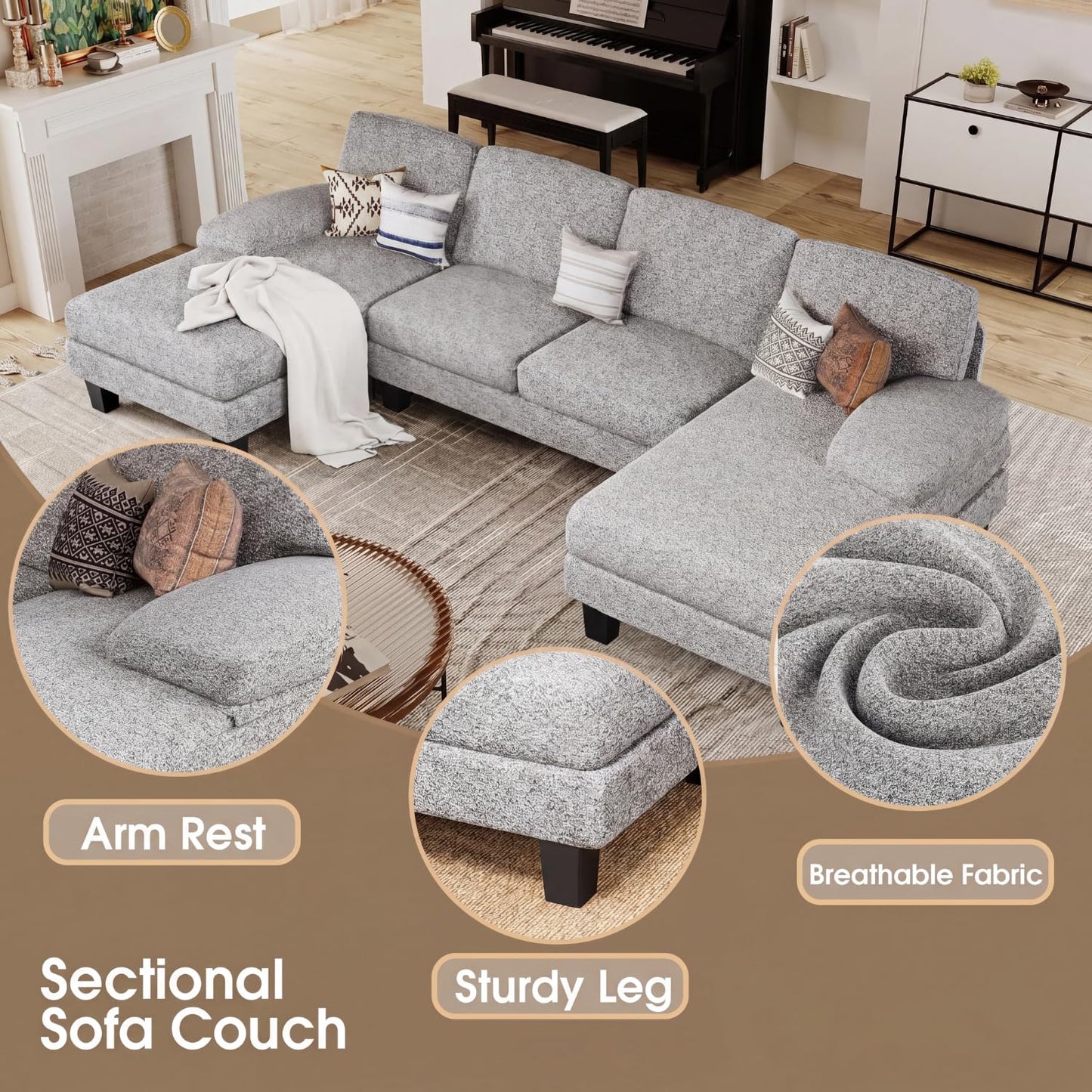 Furmax Sectional Couches for Living Room, U-Shaped Sofa Couch with Linen Fabric, 4 Seat Sofa Set with Double Chaise for Apartment (Loop Yarn, Pearl Gray)