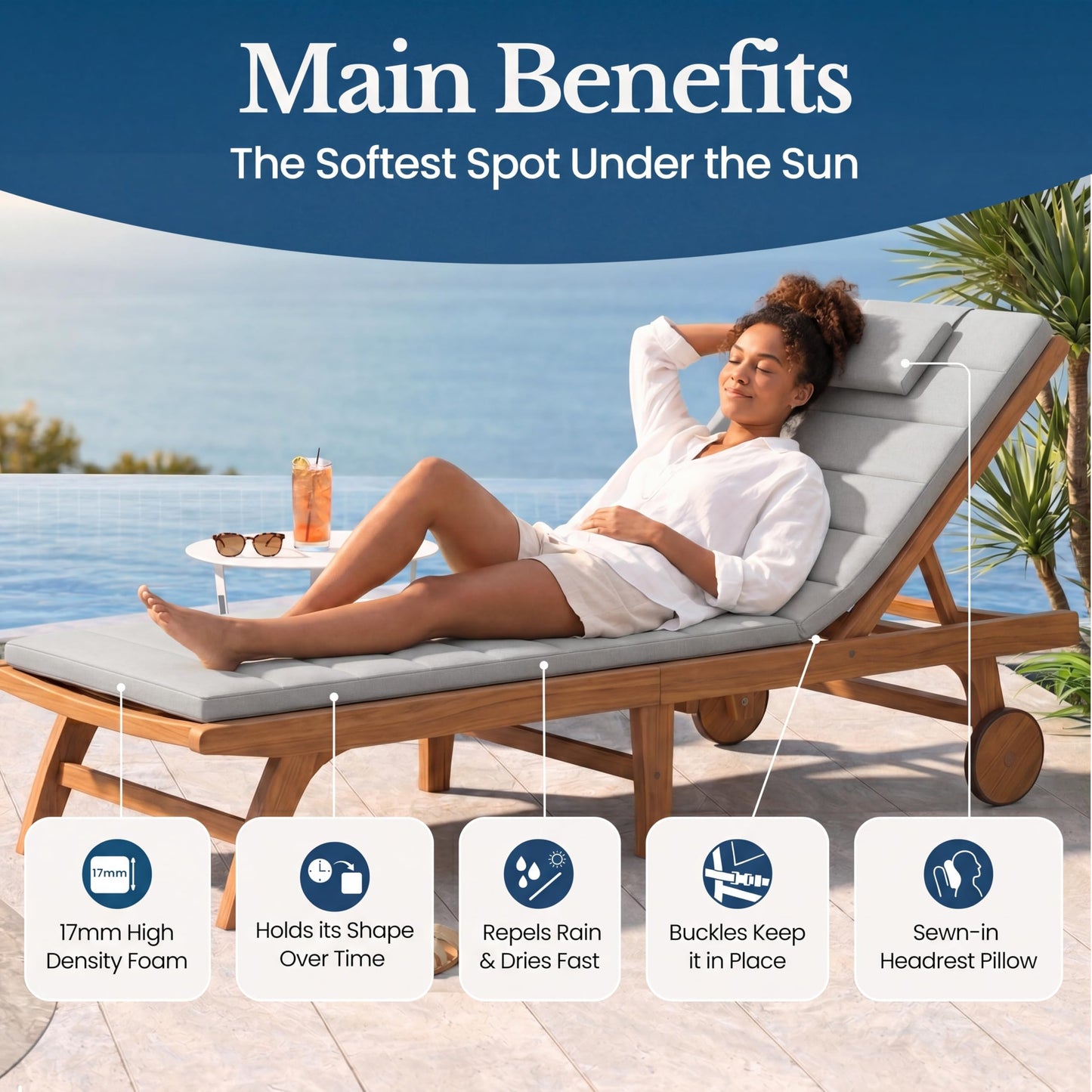 Elvoki Quilted Chaise Lounge Outdoor Patio Furniture Cushions | Water-Resistant Patio Chair Cushions | Durable, High-Density Foam Outdoor Chair Cushions - Heather Grey, 74"x23" (Chair Not Included)