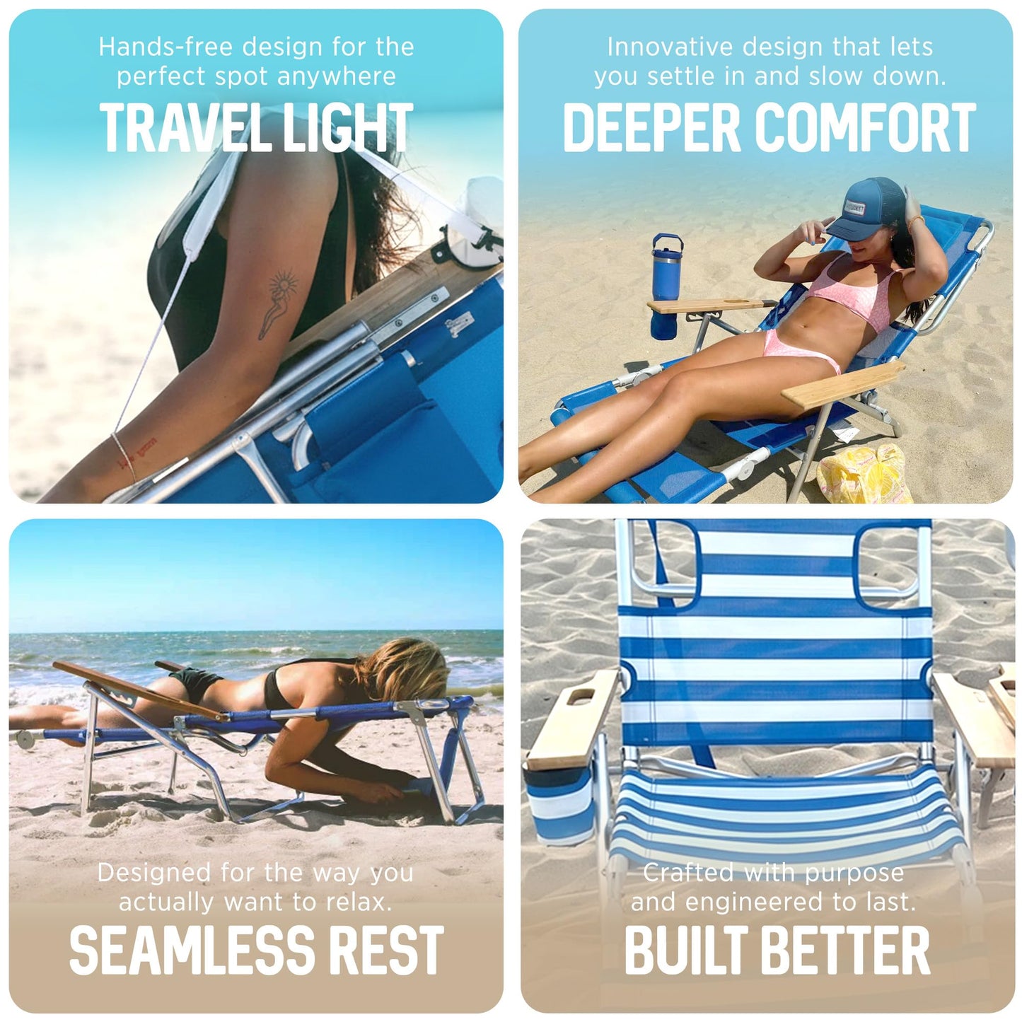 Ostrich the Original 3N1 Lightweight Beach Reclining Lounge Chair with Footrest, Outdoor Furniture for Patio, Balcony, Backyard, or Porch, Blue Stripe