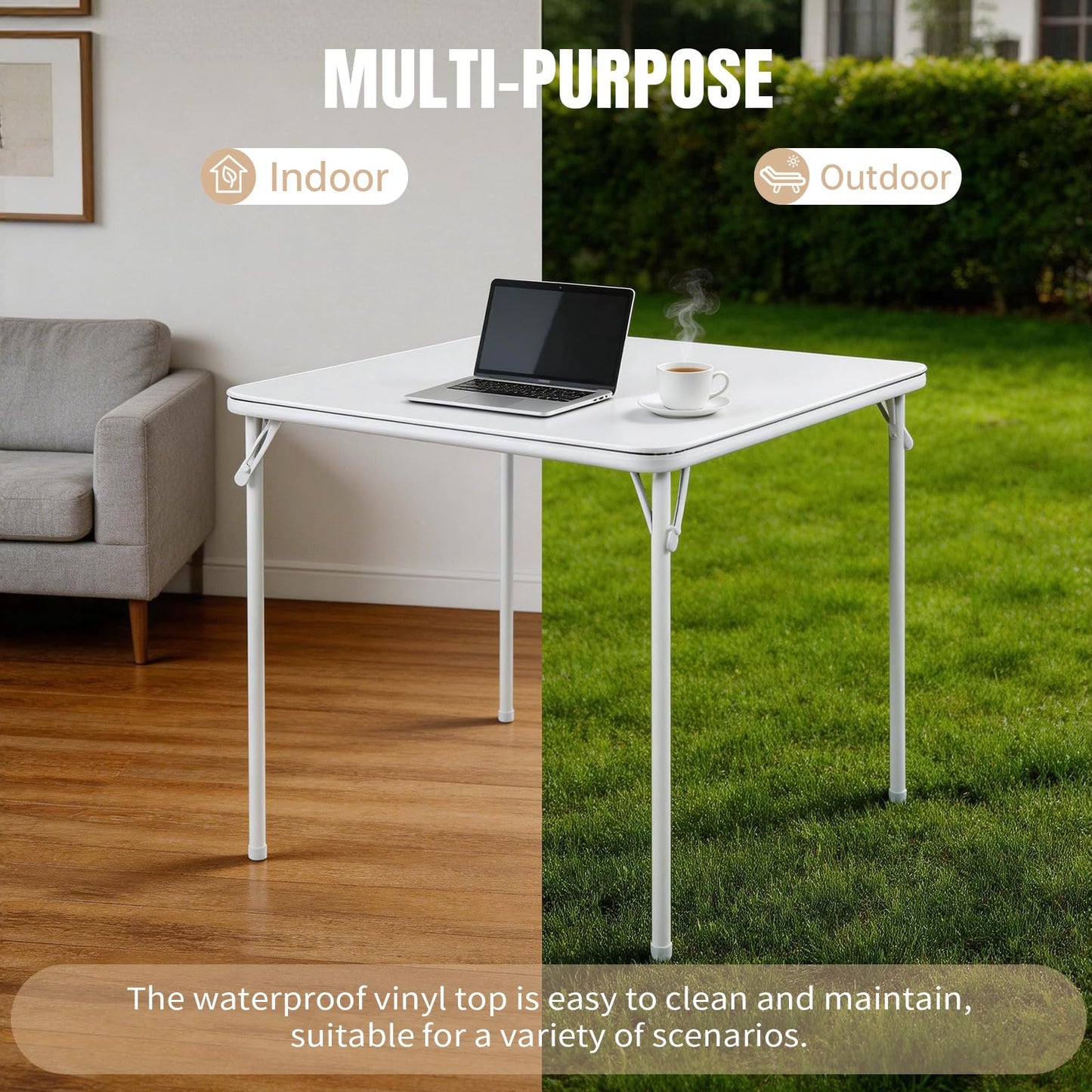 CHAIRABLE Square Folding Table, Portable Heavy Duty Card Table with Vinyl Top, Indoor Outdoor Foldable Table for Party, Picnic, Camping, Office & Events (White)