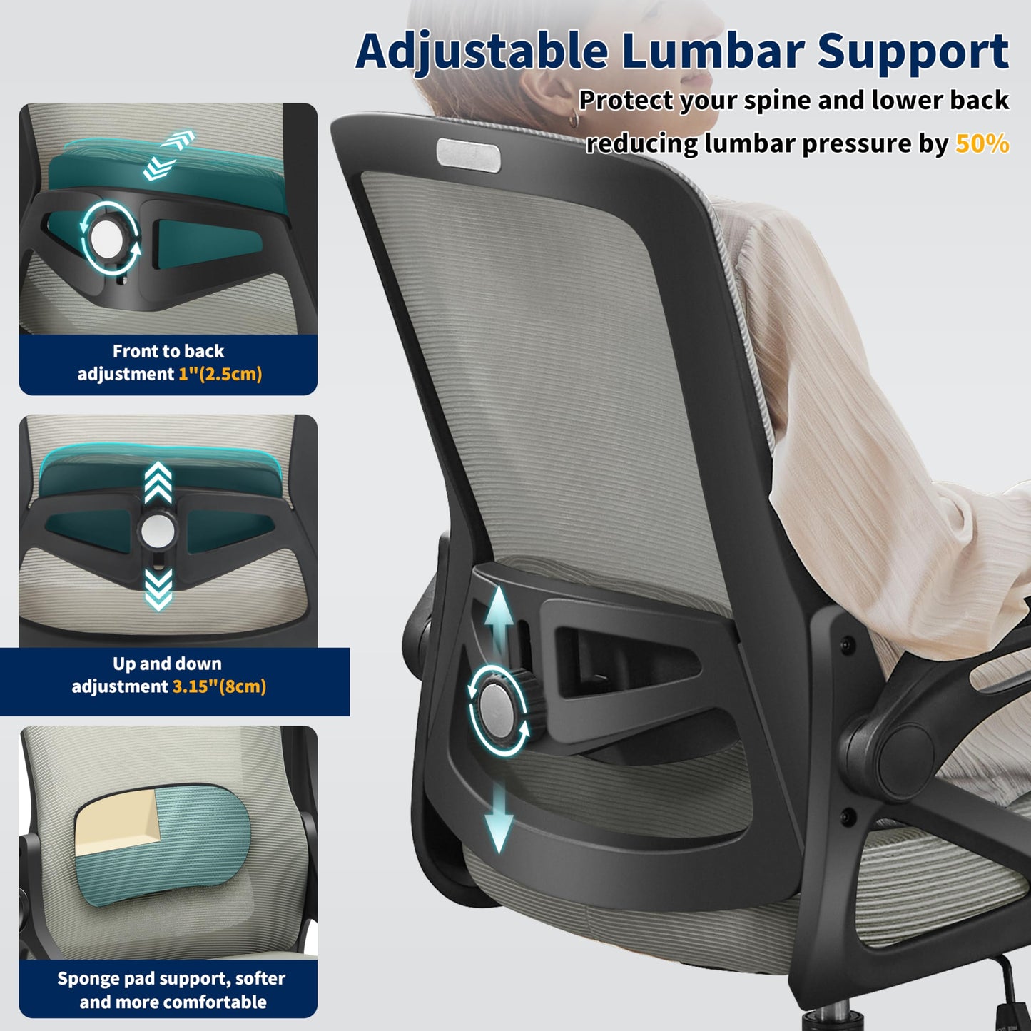 Ergonomic Office Chair, Desk Chair with Adjustable Lumbar Support, Breathable Mesh Comfy Computer Chairs with Flip-up Armrests Executive Task Chair for Adults Home Office (Dark Gray)