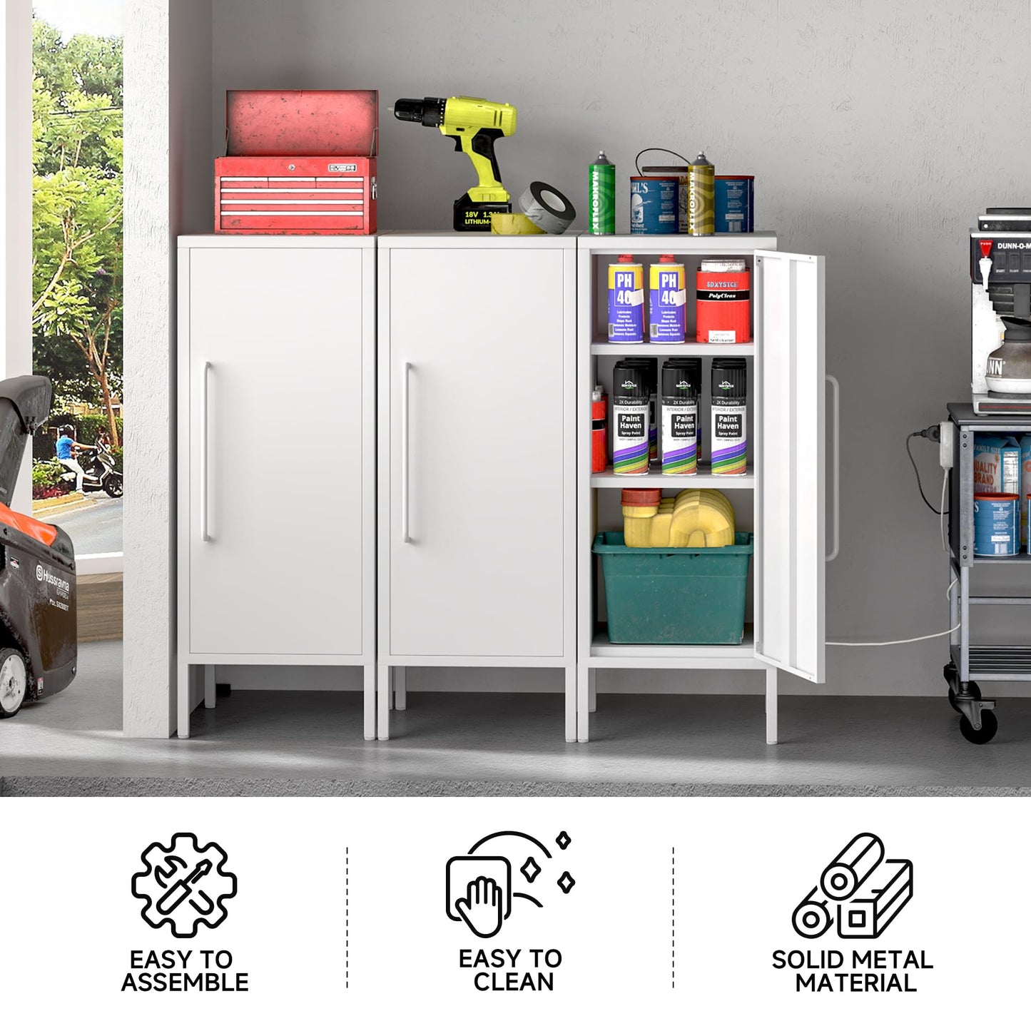 PEROKIER Metal Storage Cabinet with 2 Adjustable Shelves Small Storage Cabinets with Door for Office Kitchen Bathroom Living Room Pantry Garage (White)