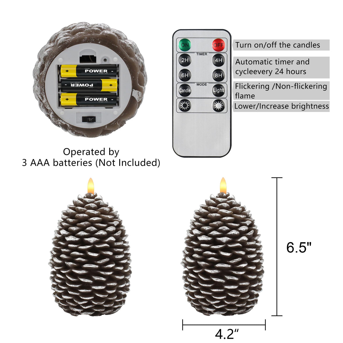 CVHOMEDECO. Pine Cone Candles Battery Operated Pinecones with Remote and Timer, Pine Cones Candle LED Flameless Flickering Candles for Fall, Christmas Decor. Silver-Brown, H 6.5 Inch, Pack of 2