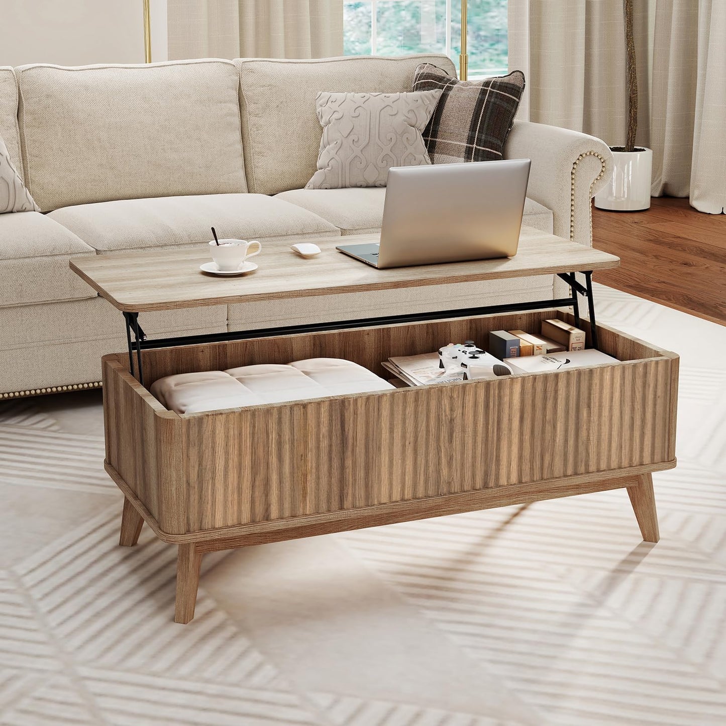 Giantex Lift Top Coffee Table with Storage, 43.5" Mid Century Modern Center Table with Solid Wood Leg & Hidden Compartment, Minimalist Fluted Living Room Table for Home Office, Oak