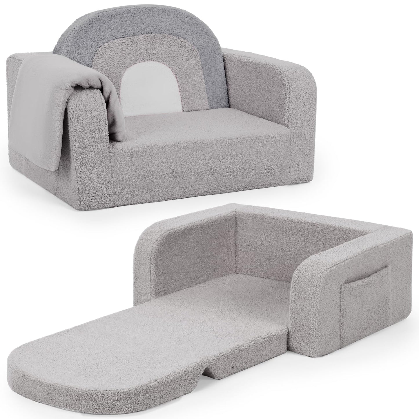 Foryoomi Kids Couch, 2-in-1 Soft Toddler Couch Fold Out with Blanket, Comfy Toddler Chair, Convertible Sofa, Gifts for Kids Girl Boys, Medium Grey Rainbow