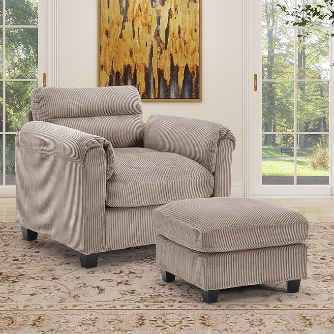 HAOMARKETS Corduroy 2-Piece Sofa Set, Upholstered Ottoman and Accent Chair Sofa