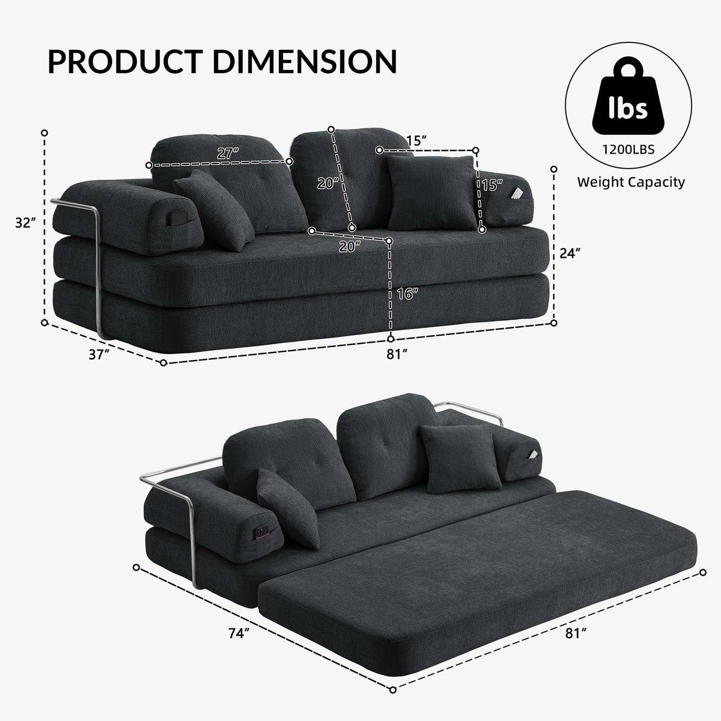 YasuSoofa Boneless Floor Sofa, 3-in-1 Convertible Loveseat Sleeper Futon, Modular Small Space Sofa Bed with High Headrests & Side Storage Pockets for Living Room, No Assembly, Bedroom, Apartment