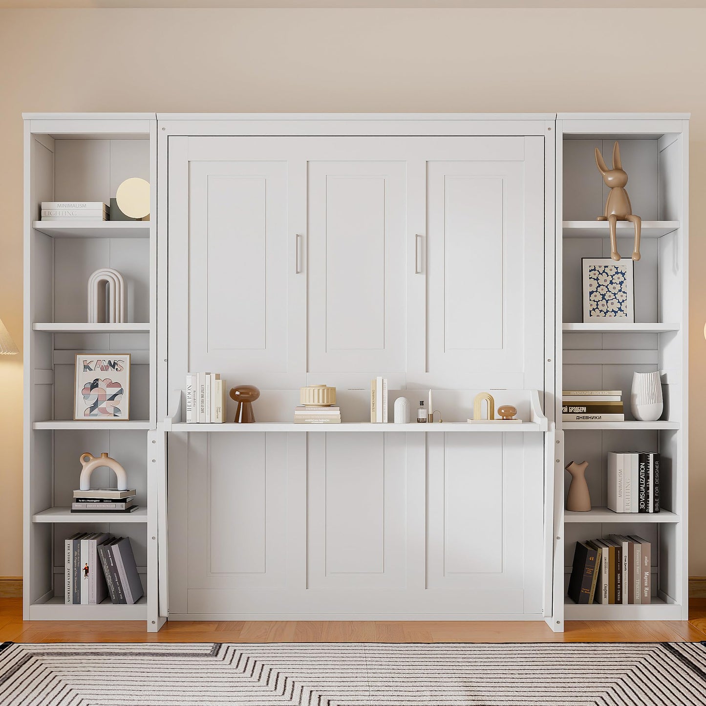Vifya Queen Size Murphy Bed with Desk and Bookshelf, White